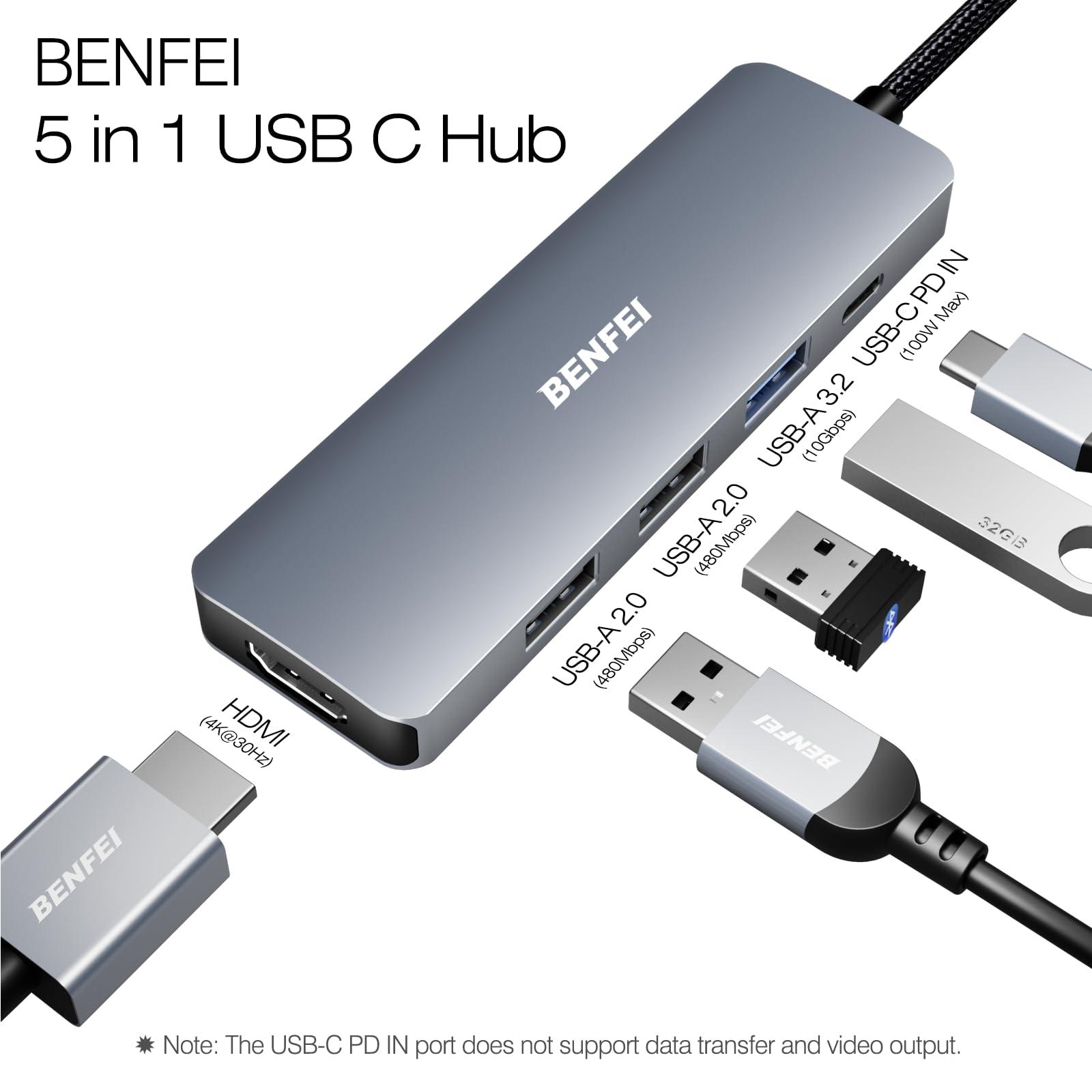 BENFEI USB C Hub 5-in-1 with 4K HDMI(Certified), 100W Power Delivery, 3 USB-A, Silicone Cable, Aluminum Case Compatible with MacBook Pro/Air, iPad Pro, iMac, iPhone 15 Pro/Pro Max, XPS, Thinkpad - Image 3