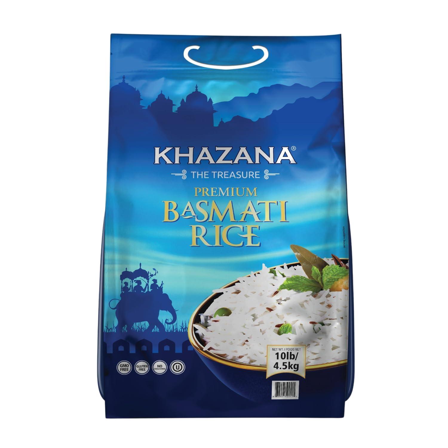 Authentic Premium Basmati Rice by Khazana in 10 lb Bag - Aromatic and Flavorful Indian Grain - Non-GMO, Gluten Free, Kosher, Cholesterol Free