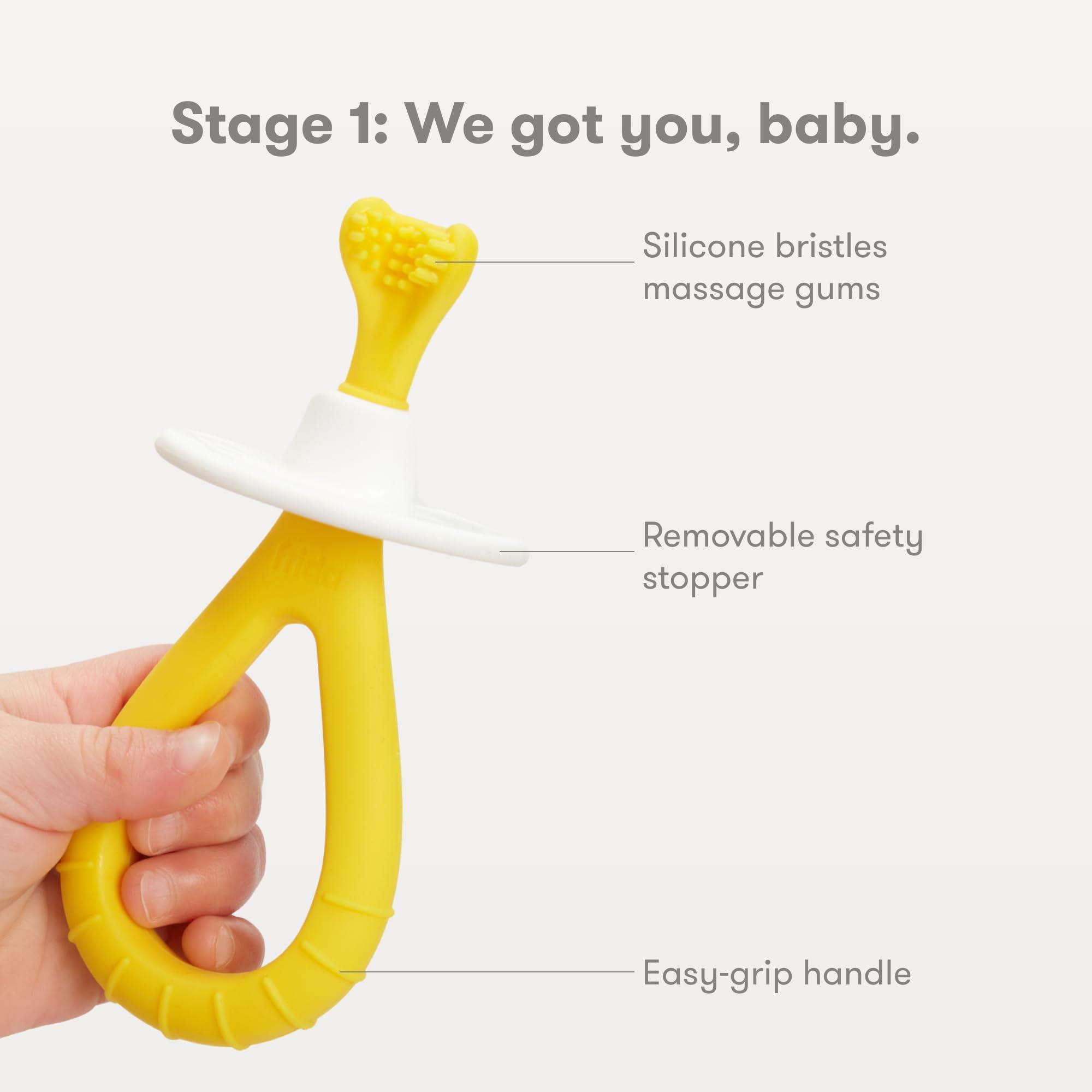 Frida Baby Grow-with-Me Baby Toothbrush Training Set | Infant to Toddler Toothbrush 0-12 months, Cleans All Sides at Once, Oral Care for Sensitive Gums | Yellow - Image 4