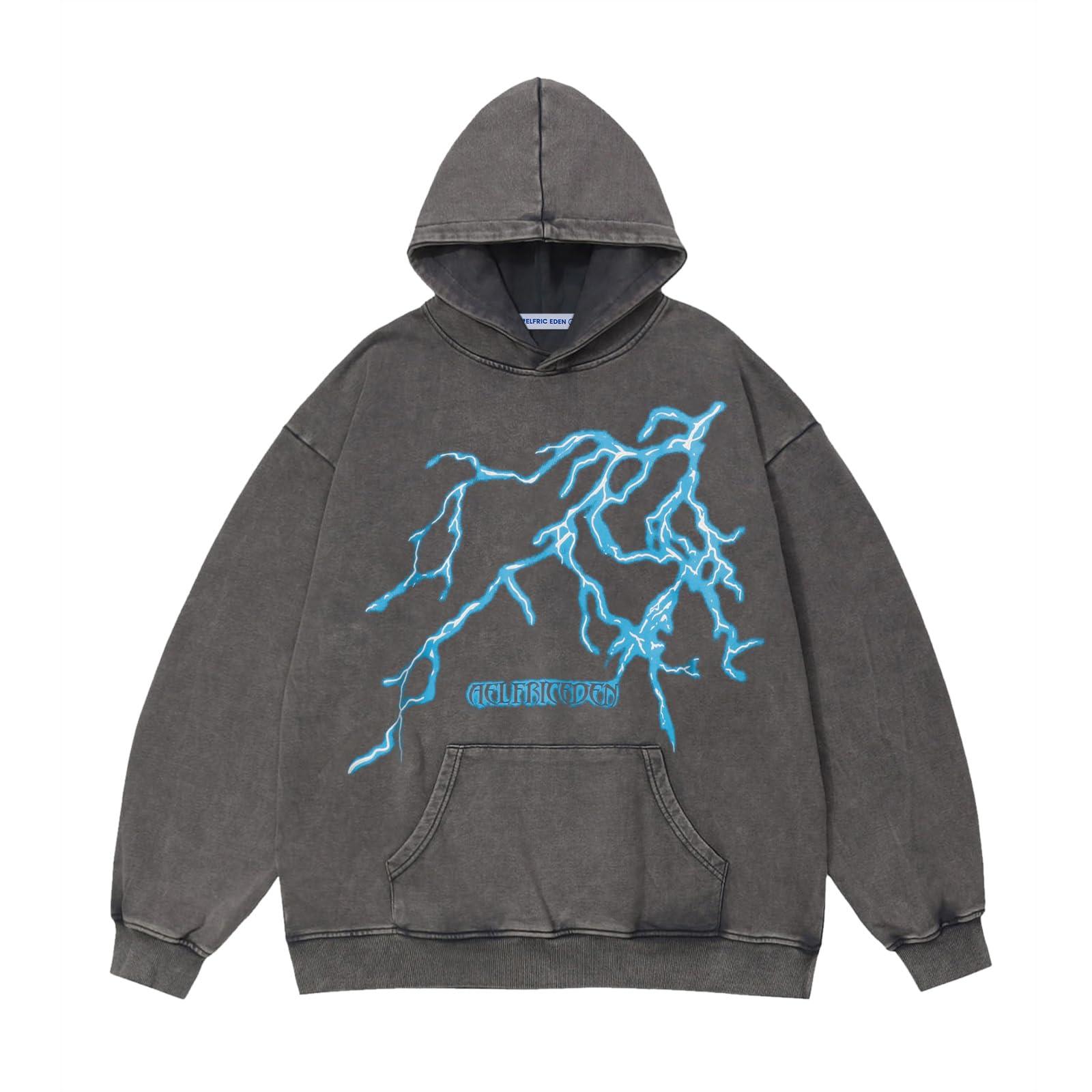 Aelfric Eden Mens Lightning Graphic Hoodies Print Oversized Unisex Streetwear Vintage Hoodie Y2k Sweatshirt Pocket Pullover