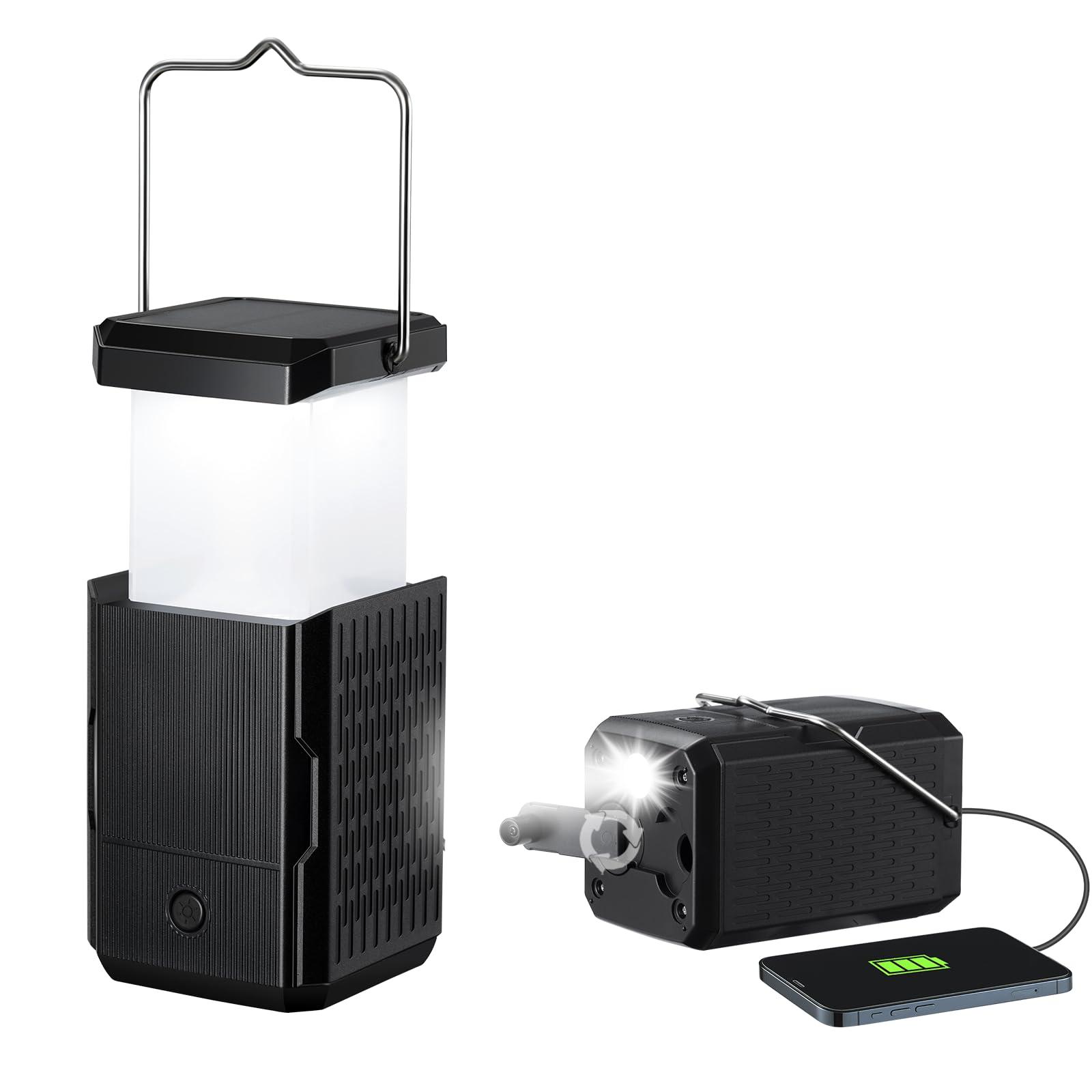 Camping Lantern Rechargeable, Hand Crank & Solar Camping Lights with USB Output, Tent Lights for Camping, Portable Camp Lamp, Camping Hurricane Home Power Failure Essentials (Black, 1 Pack)