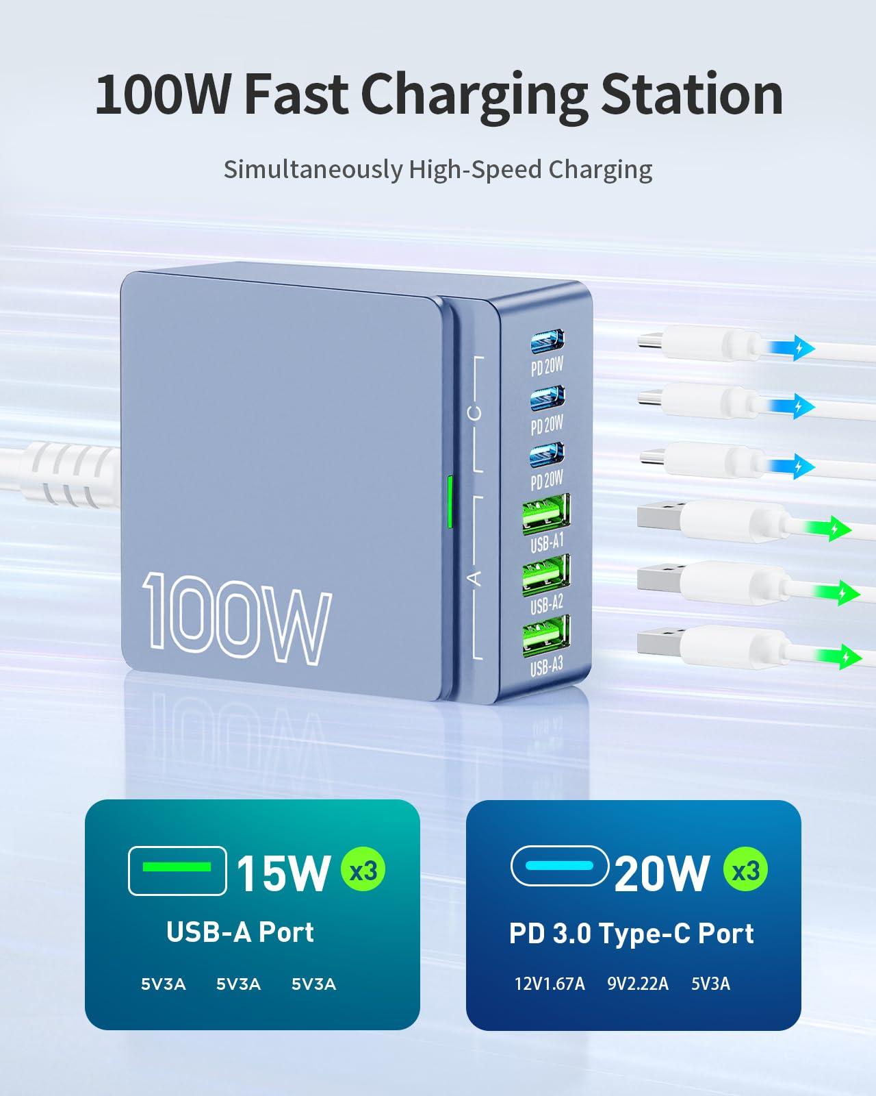 USB C Charger Block Charging Station: 100W 6 Port GaN Fast Charging Brick Hub Cube Box - PD 3.0 Type C & USB A Wall Charger Power Adapter for iPhone 16 Pro Max iPad Samsung Android Pixel - Image 3