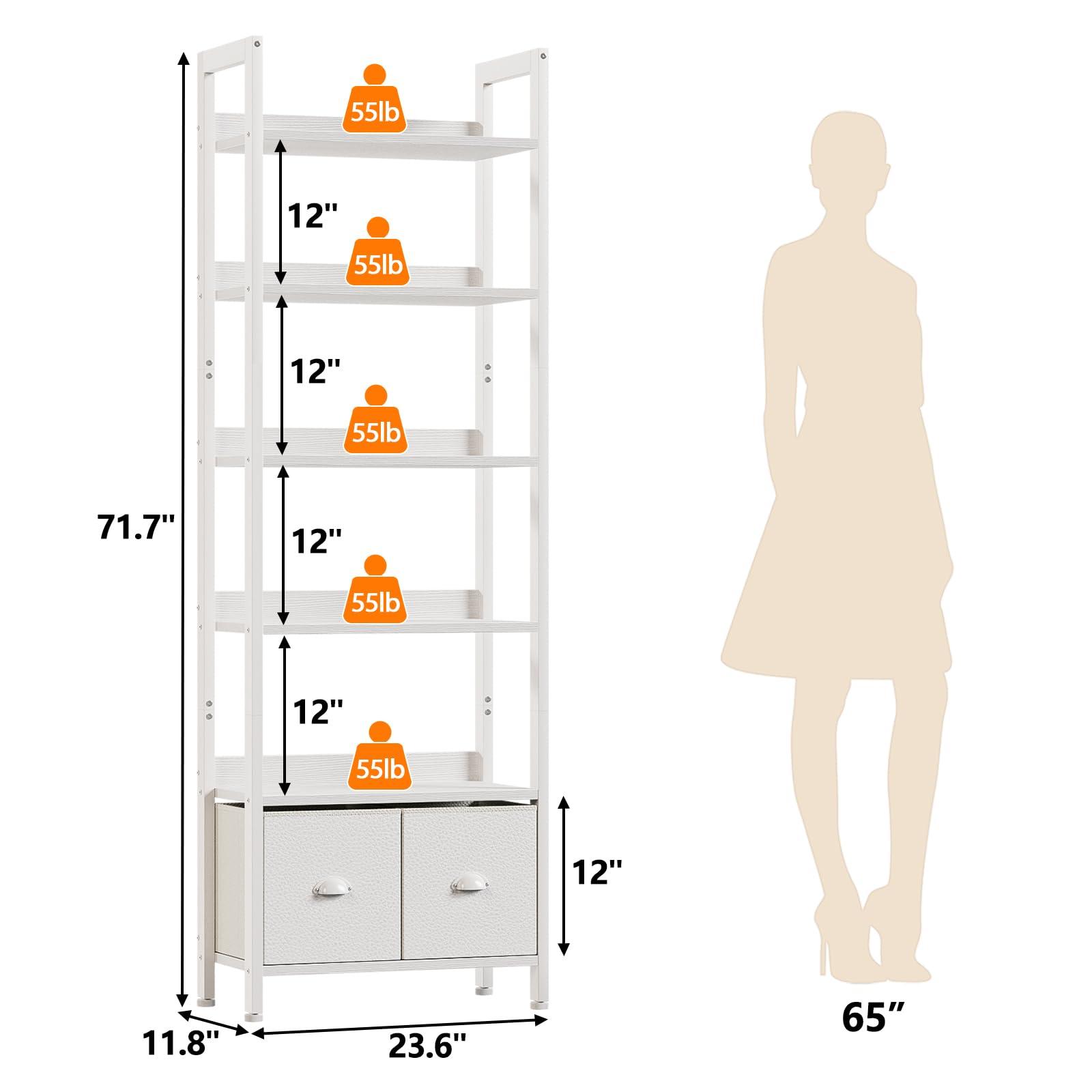 Furologee White 6 Tier Bookshelf with Drawers, Tall 71" Bookcase with Shelves, Modern Wood and Metal Bookshelves Storage Organizer, Display Free Standing Shelf Unit for Bedroom, Living Room, Office - Image 3