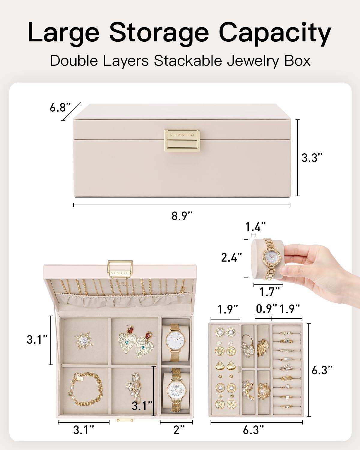 Vlando 2 Layer Jewelry Box Large Jewelry Organizer for Women Removable Jewelery Tray with Watch Pillow for Necklace Earrings Rings Bracelets Jewelry Boxes for Wedding Gifts Bride Gifts(Apricot White) - Image 3