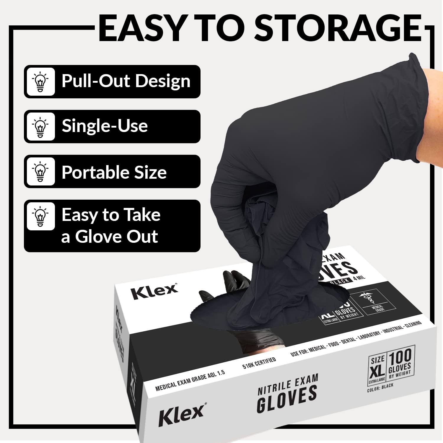 Klex Nitrile Exam Gloves - Medical Grade, Powder & Latex Free, Food Safe, Black, 100, 1000 Count, S, M, L, XL - Image 4
