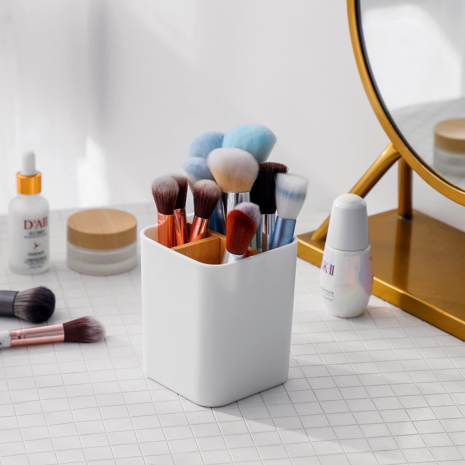 Bamboo Toothbrush Holder for Bathrooms, 4 Slots Toothbrush and Toothpaste Holder Bathroom Counter Organizer for Electric Toothbrushes, Floss, Razors - White - Image 4