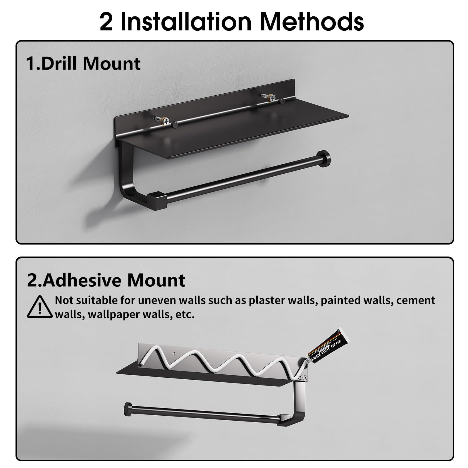 Danpoo Wall Mount Paper Towel Holder with Shelf for Bathroom/Kitchen, Adhesive Hand Towel Holder, Matte Black - Image 8