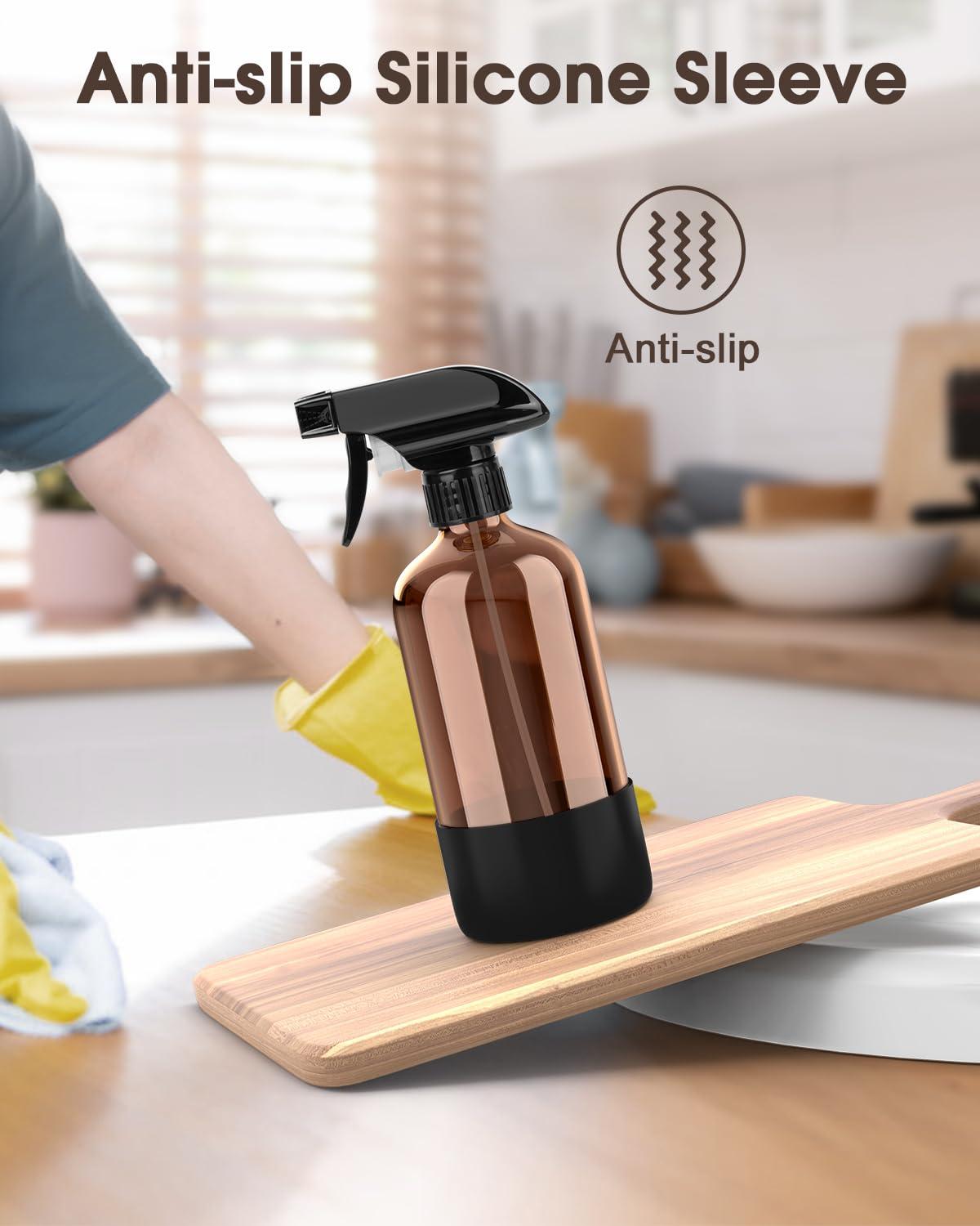 Glass Spray Bottle with Silicone Sleeve Protection, Amber Glass Spray Bottle Set for Non-toxic Window Cleaner Aromatherapy Facial Hydration Watering Flowers Hair Care 2 Pack/16 oz (Black) - Image 6