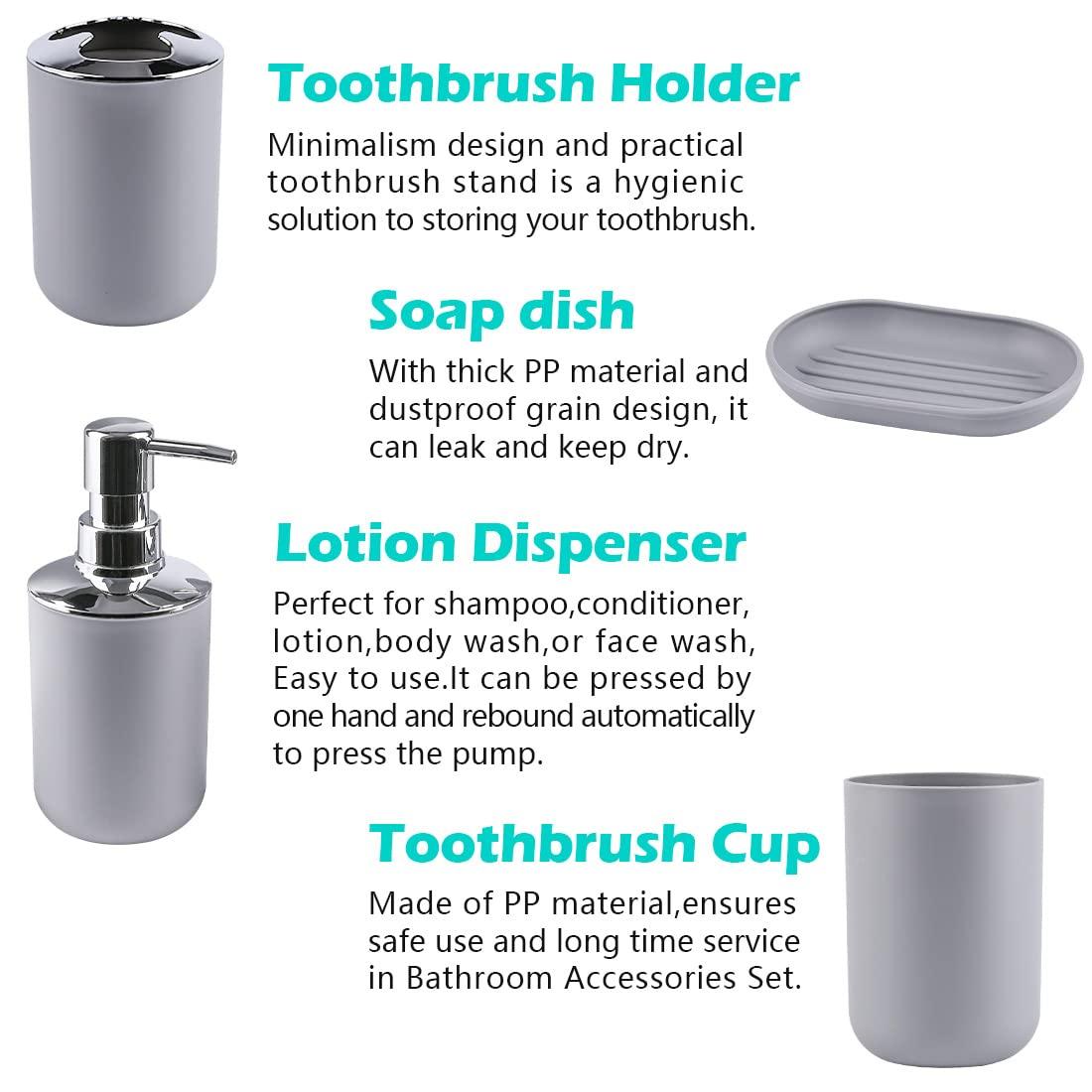 Papillon Bathroom Accessories - 6 Piece Plastic Gift Toothbrush Holder,Toothbrush Cup,Soap Dispenser & Dish,Toilet Brush Holder,Trash Can,Tumbler Straw Set (Gray) - Image 3