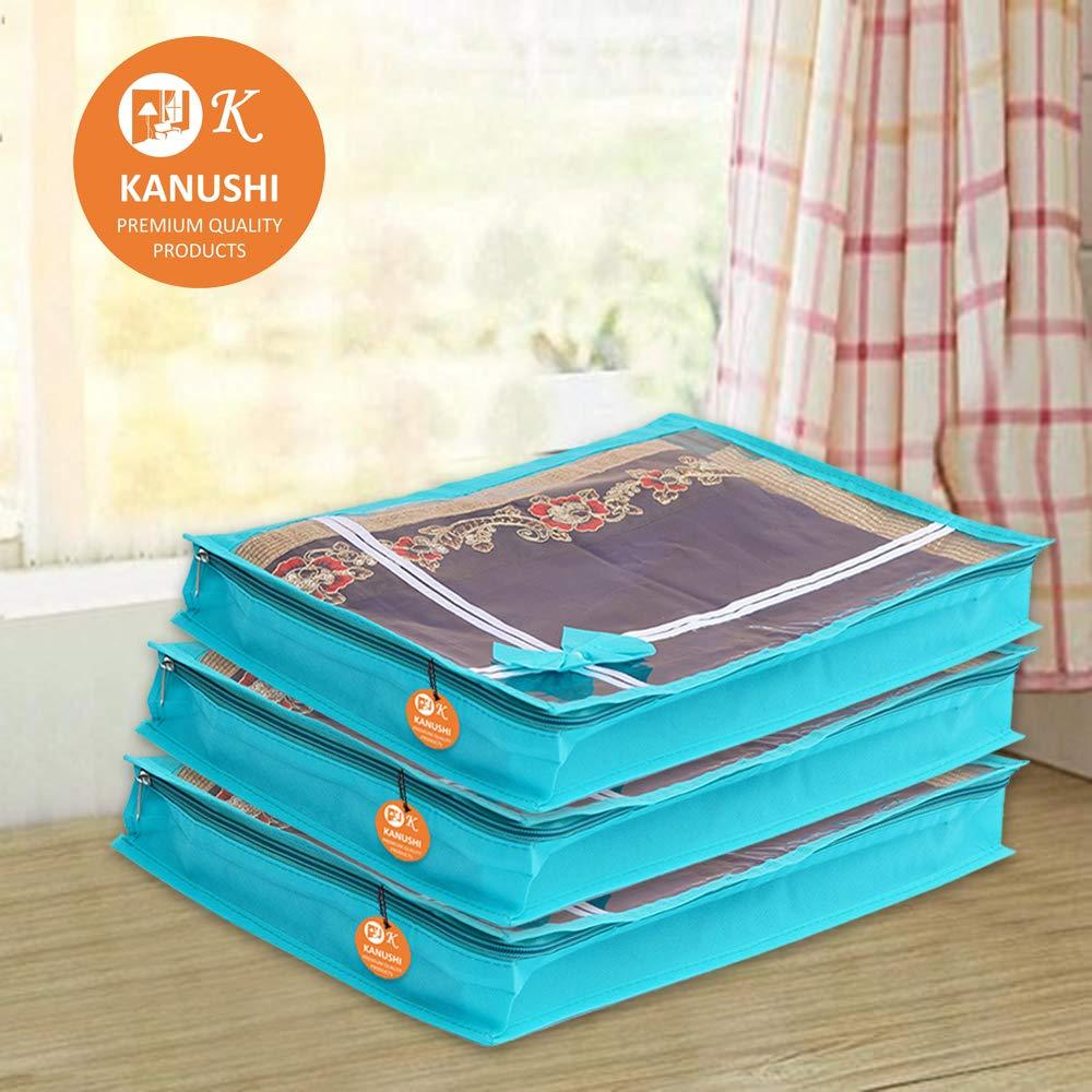 KANUSHI® Set Of 6 Pc Flower Design Transparent Saree Cover/Bag with Stainless Steel Zip Lock Combo(Large) (Light Green) - Image 3