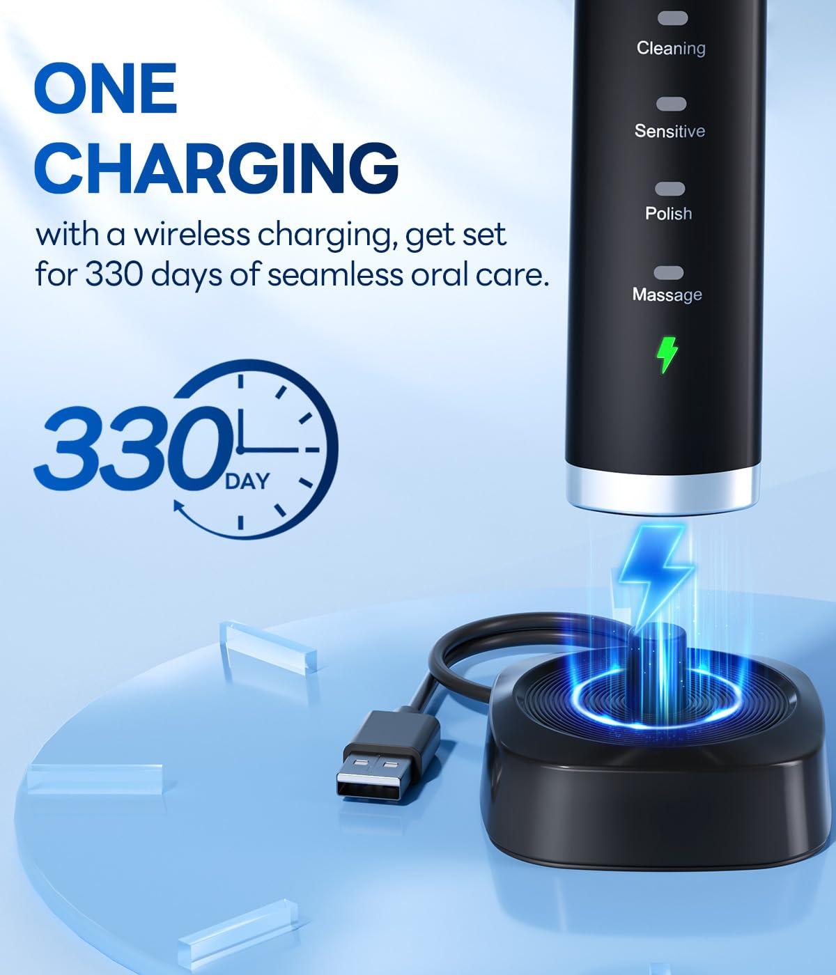 Bymore Electric Toothbrush for Adults,Travel Sonic Toothbrush with 8 Replacement Heads, Ultra Clean Rechargeable Toothbrush Portable One Charge for 330days 5 Modes 2mins Timer-Black - Image 3