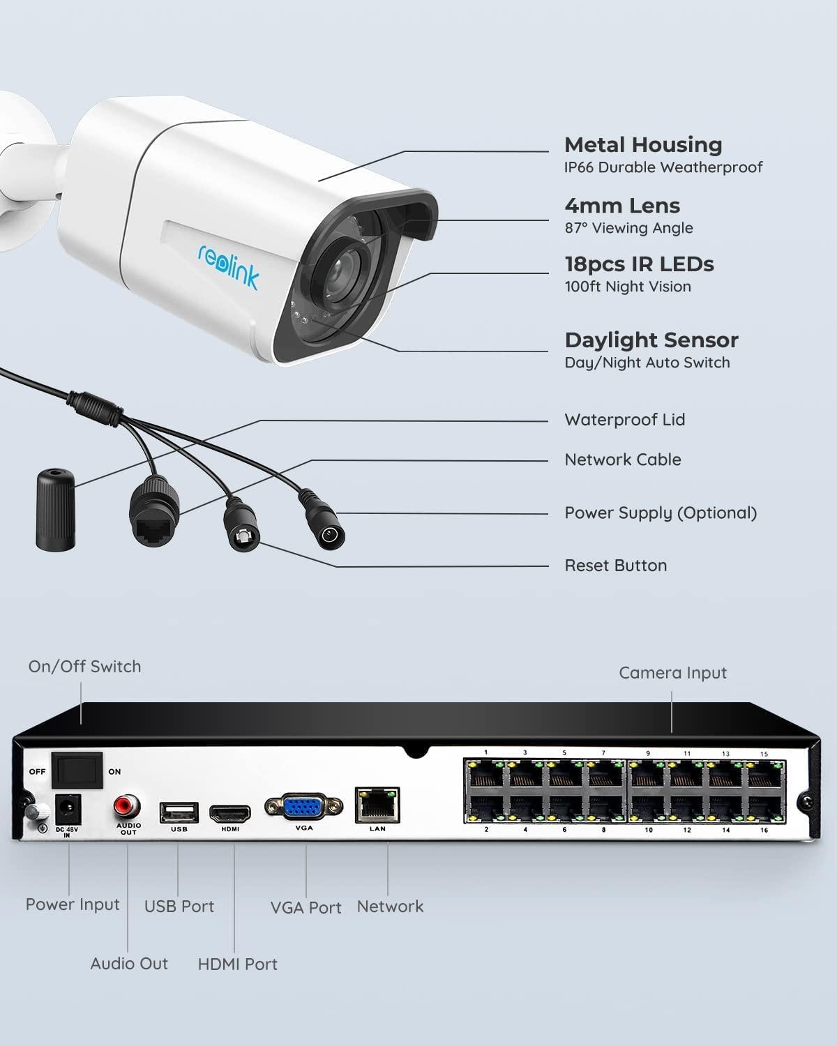 REOLINK 4K Security Camera System, RLK16-800B8 8pcs H.265 PoE Wired with Person Vehicle Detection, 8MP/4K 16CH NVR with 4TB HDD for 24-7 Recording - Image 8