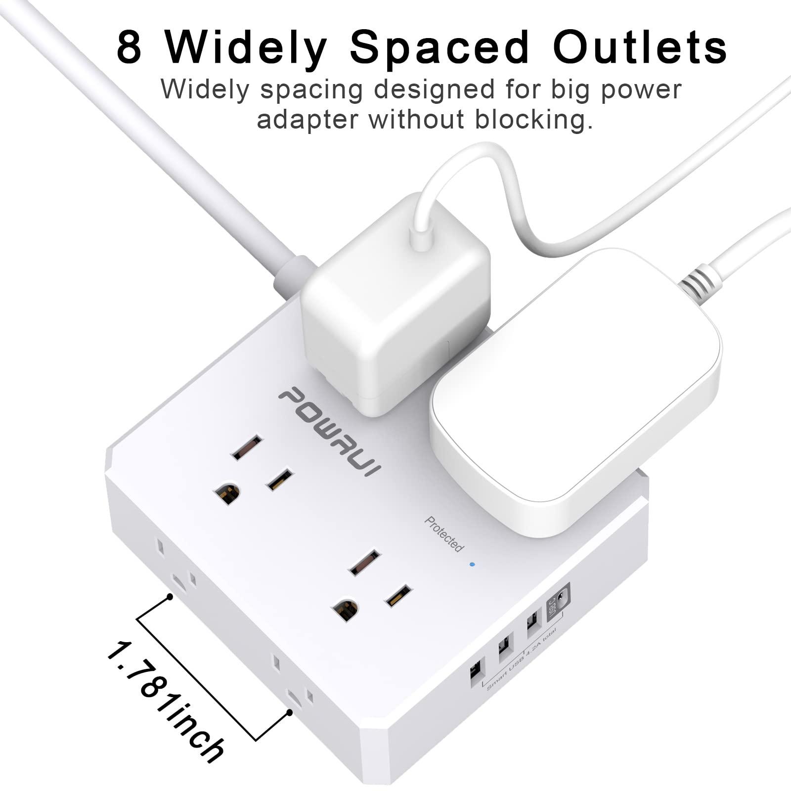 Surge Protector Power Strip - 6 Ft Flat Plug Extension Cord with 8 Widely Outlets and 4 USB Ports(1 USB C), 3 Side Outlet Extender for Home Office, White, ETL Listed - Image 6