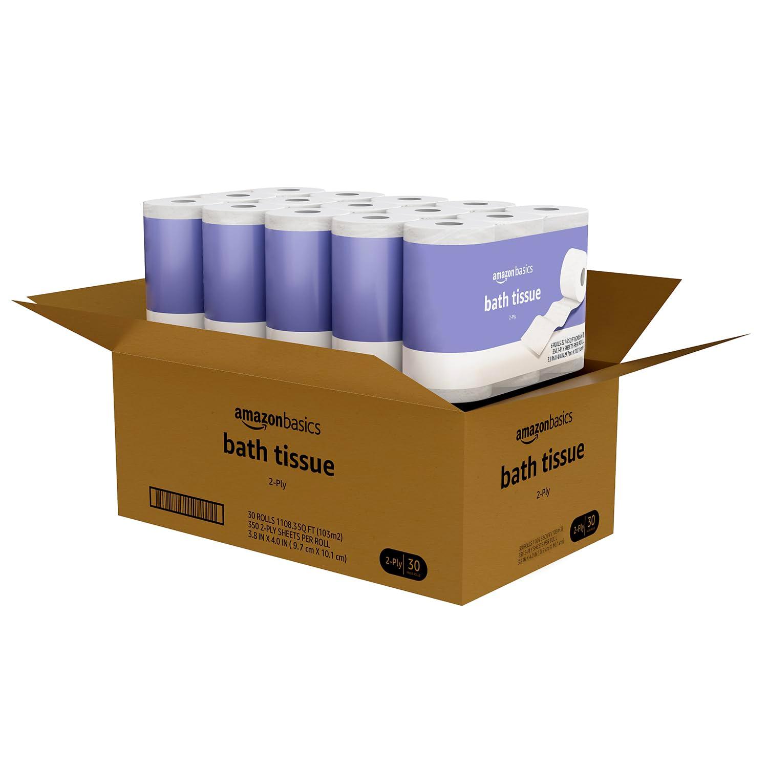 Amazon Basics 2-Ply Toilet Paper, 30 Rolls = 120 Regular Rolls, 350 Sheets, (Pack of 30), Unscented - Image 2