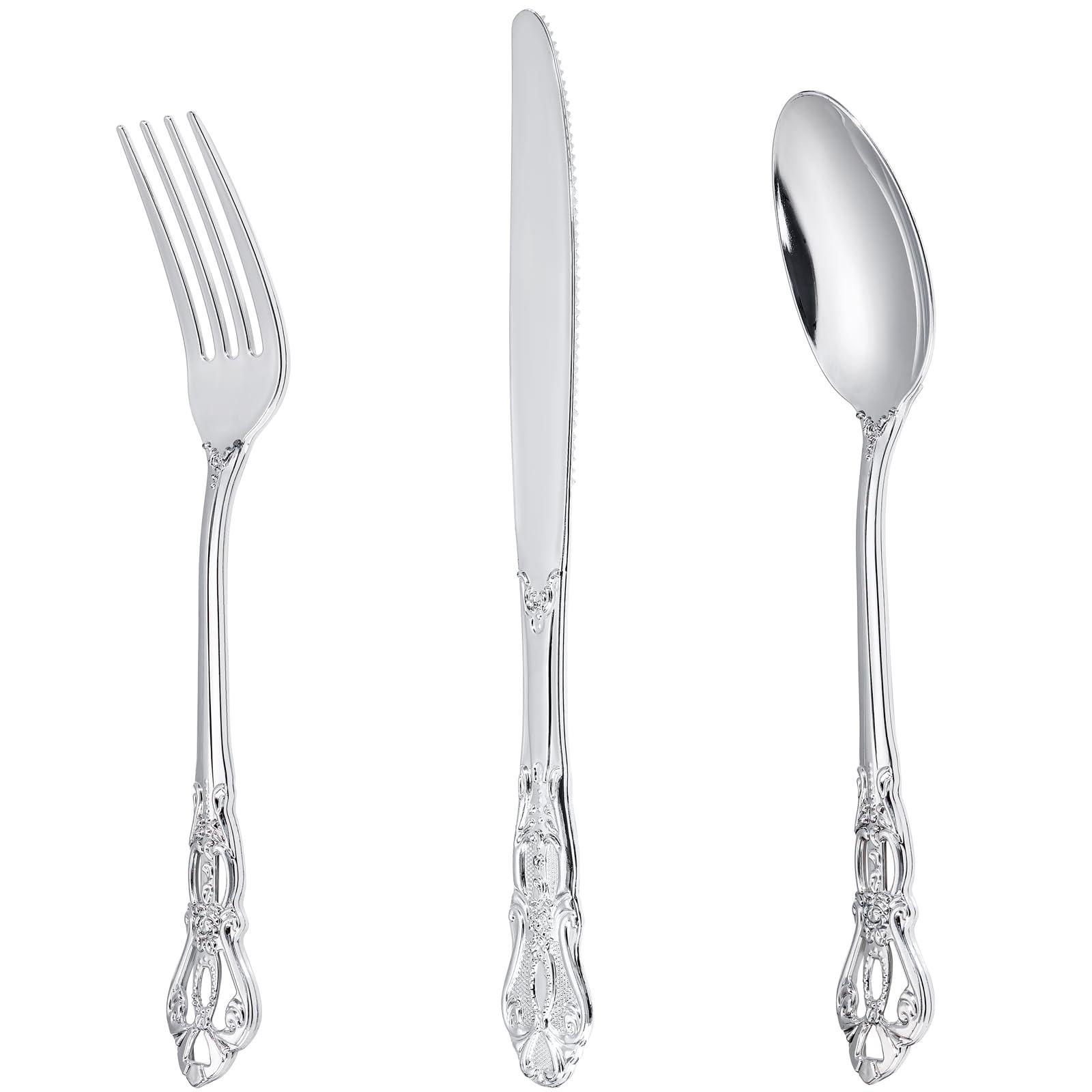 Joyido 90PCS Silver Plastic Silverware - Heavy Duty Silver Disposable Cutley - Fancy Plastic Utensils Flatware Include 30 Forks, 30 Spoons, 30 Knives for Catering, Parties, Dinners, Weddings