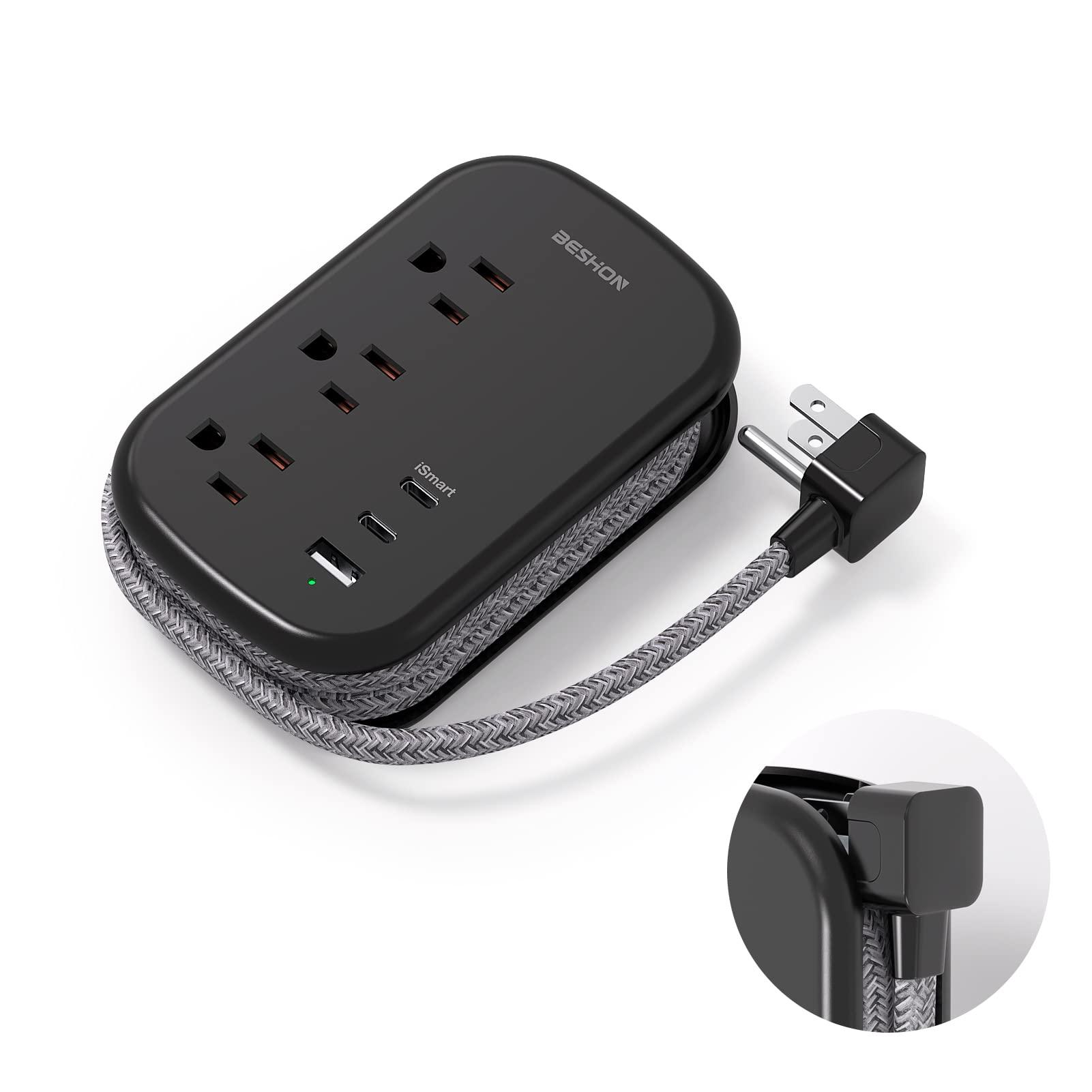 USB C Travel Power Strip, BESHON Ultra Flat Extension Cord, Flat Plug Power Strip, 3 Outlets with 3 USB Ports(2 USB C), 3.2ft Wrapped Around Extension Cord for Cruise Ship, Travel Essentials, Black