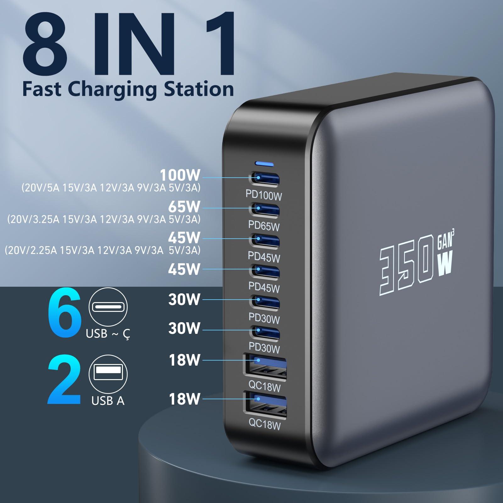 350W USB Fast Charging Station, 8 Port USB C Multi Port Charger Block with PD 100W Fast Charging Station for Multiple Devices, USB Charger Block Compatible iPhone, Android Cell Phone, Tablet, iPad - Image 2