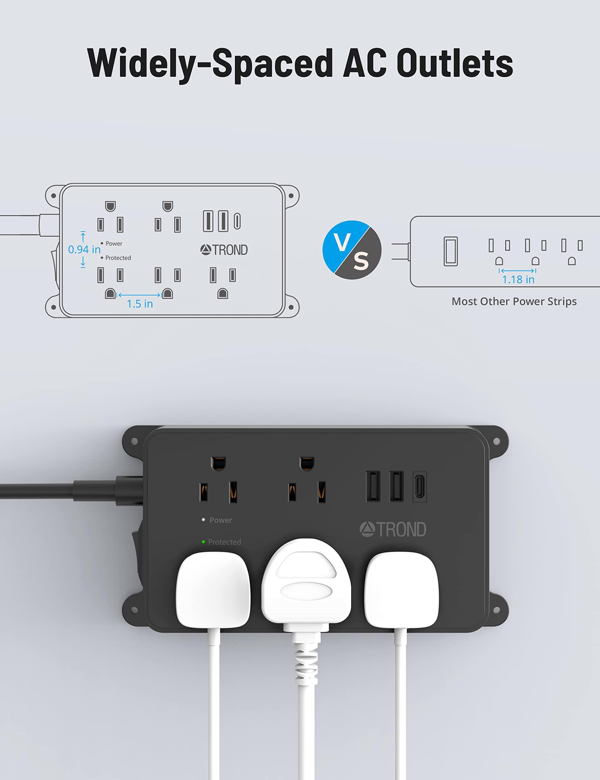 TROND Surge Protector Power Strip, 15ft Long Extension Cord, ETL Listed, 5 Widely Spaced AC Outlets, 2 USB A and 1 USB C, 1300J, Low-Profile Flat Plug, Wall Mountable, for Kitchen Office, Black - Image 2