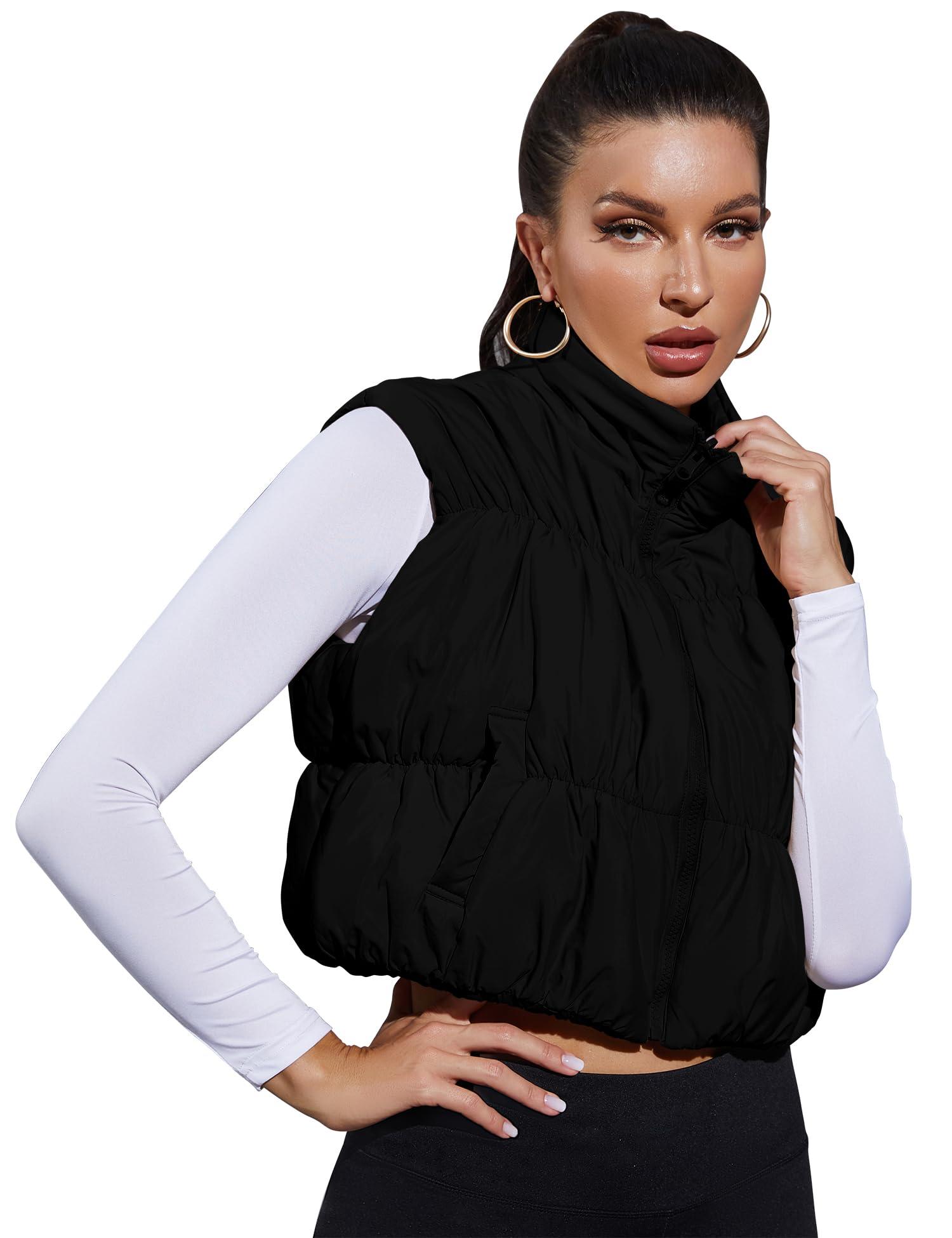 LUYAA Women's Crop Puffer Vest Lightweight Stand Collar Sleeveless Zip Up Padded Gilet Coat Black M - Image 6