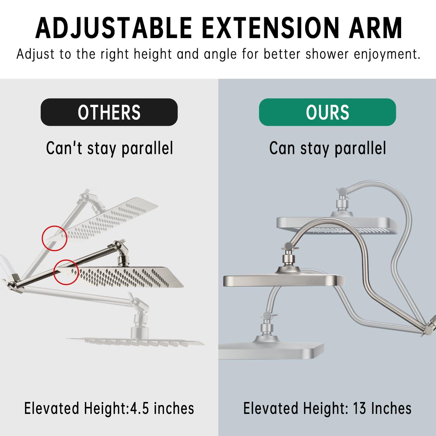 13-Inch Shower Heads with Multi-Function Handheld Sprayer Combo, 3-Way Metal Extended Diverter with Holder and Metal Adjustable Curved Shower Extension Arm, Extra Long Hose Brushed Nickel - Image 6