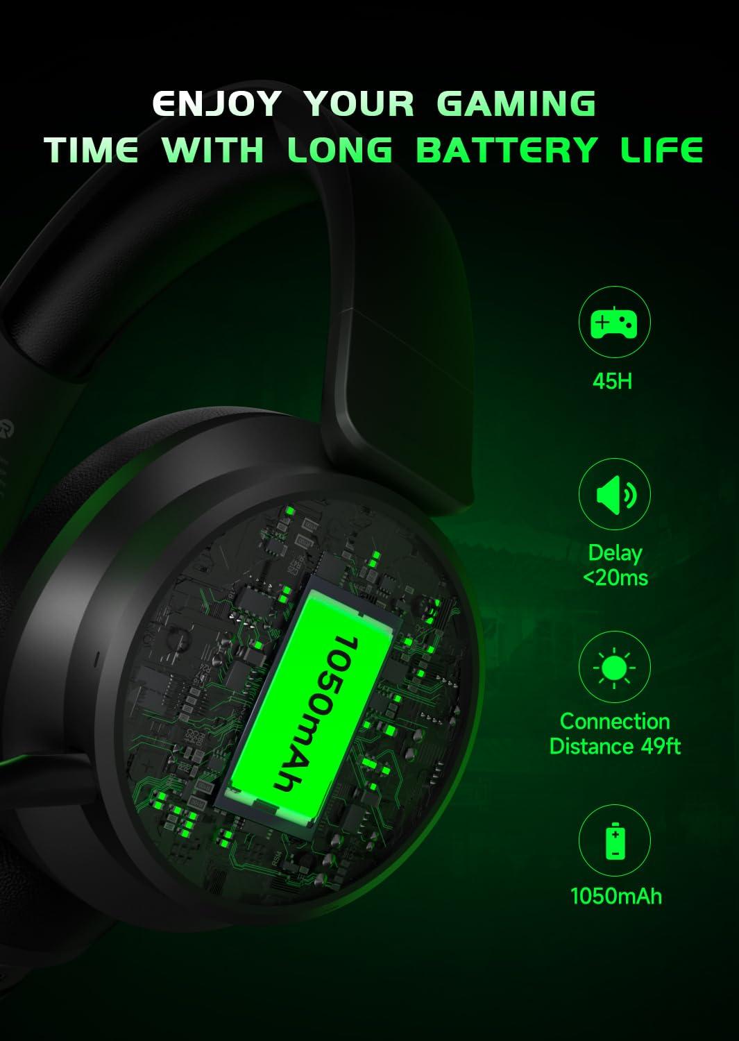 RYR Wireless Gaming Headset for Xbox Series X|S, Xbox One, PS5, PS4, Mac, Bluetooth 5.3, 3D Surround Sound, Rotatable Earmuffs, Gaming Headphones with Noise Canceling Microphones-Blackgreen - Image 5
