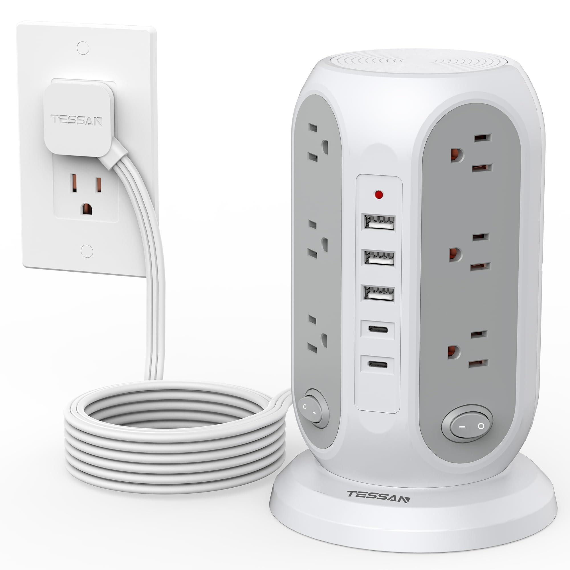 Tower Power Strip with Individual Switches, TESSAN Surge Protector with 12 Outlets, 5 USB Ports(2 USB C), Flat Extension Cord 10 Ft, Flat Plug, Charging Station for Multiple Devices, for Office, Dorm