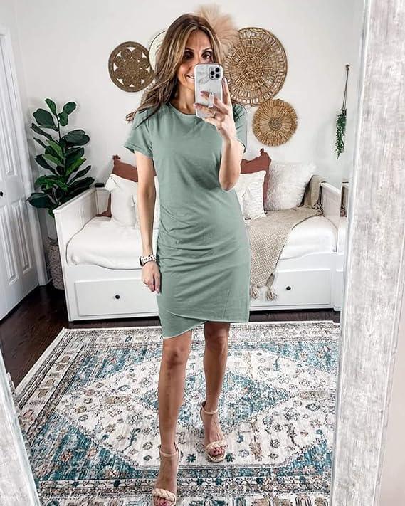 BTFBM Women's 2025 Summer Casual Beach Dresses Crew Neck Short Sleeve Wrap Party Club Mini Ruched Bodycon T Shirt Dress - Image 4