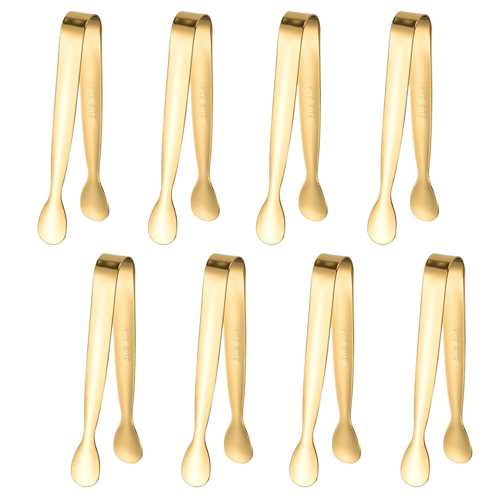 8PCS Gold Mini Metal Tongs, 4.3" Stainless Steel Tiny Tong, Small Kitchen Accessories for Serving Food, Ice, Sugar Cube, Salad, Toaster, Desserts