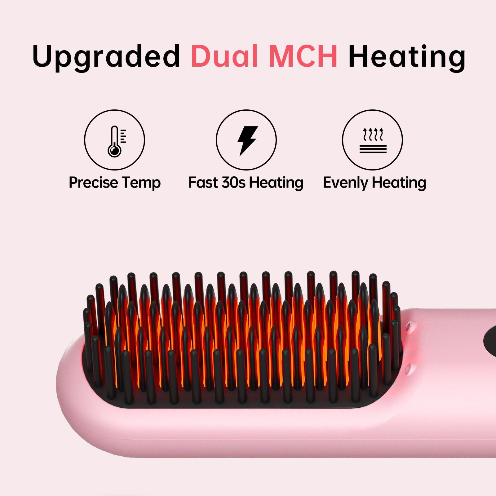 Cordless Hair Straightener Brush - Portable Straightener Brush with 9 Temp Settings, Mini Straightening Comb for Travel, 9600mAh Rechargeable Batt & 224 Million Negative Ions (Pink) - Image 4