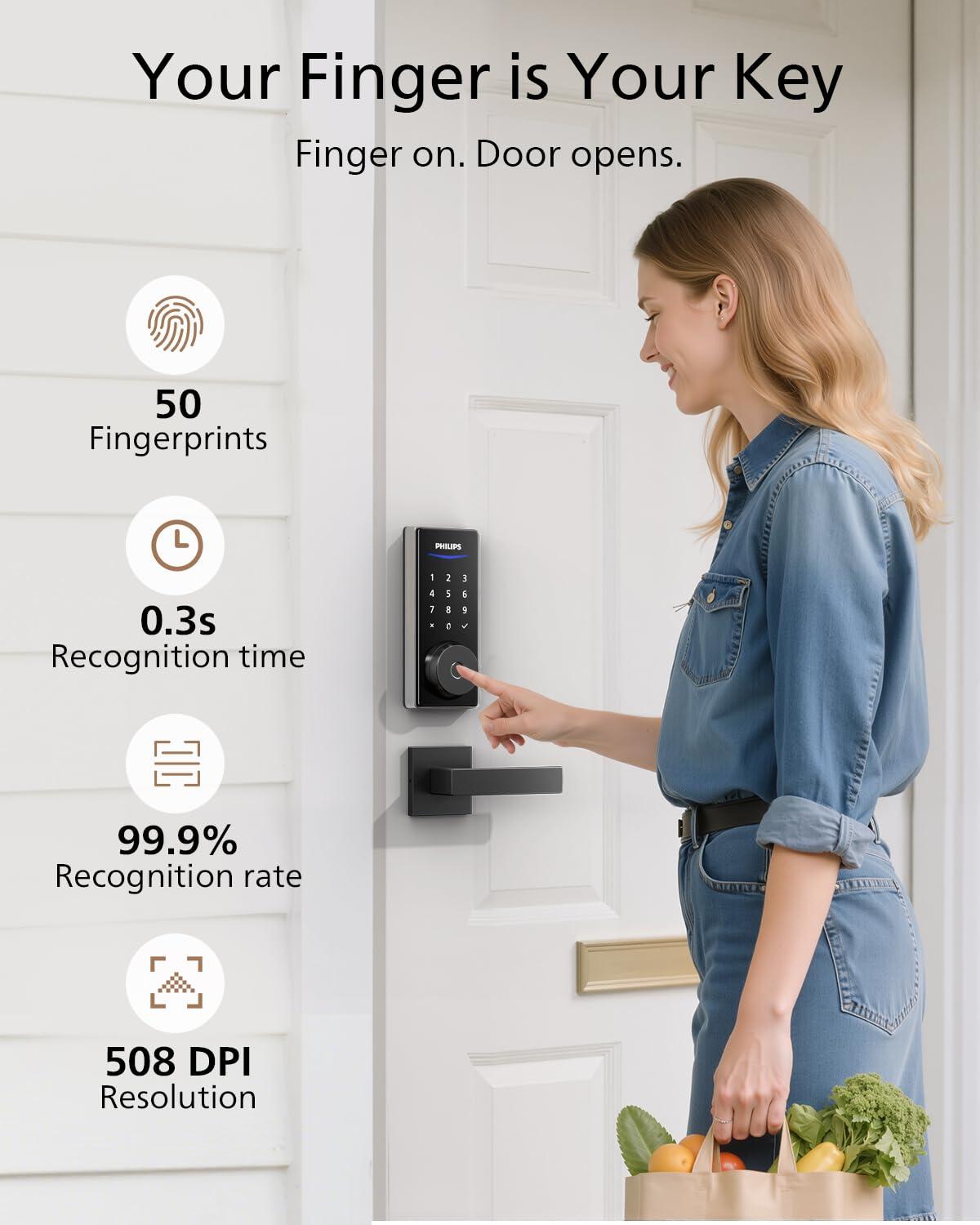 Philips Fingerprint Keyless Entry Door Lock with App Control, Front Door Smart Lock Deadbolt, 9Months Battery, IP53 Waterproof, BHMA Grade 3-Satin Nickel - Image 4