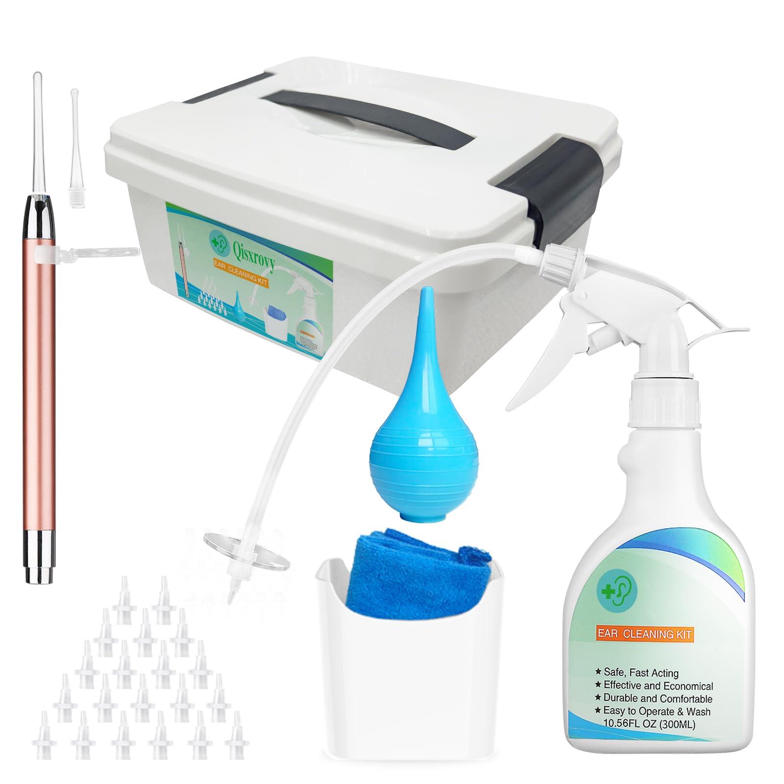 Ear Wax Removal Tool, Ear Cleaning Kits Safe Ear Irrigation Kit Ear Flush Kit for Adults Kids, Ear Wax Washer Device with LED Earwax Spoon, Basin, Bulb, Curette Kit, Towel, Tips, Storage Box White