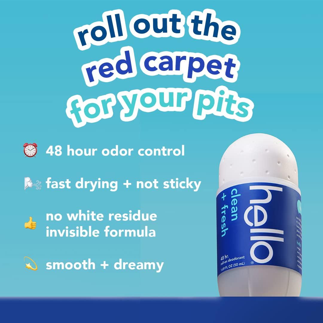 Hello Clean & Fresh Roll On Deodorant, Aluminum Free Deodorant for Women + Men, 48 Hour Non Sticky Formula, Dries Quick and Leaves No White Residue, Travel 2 Pack, 1.69 oz Tubes - Image 3