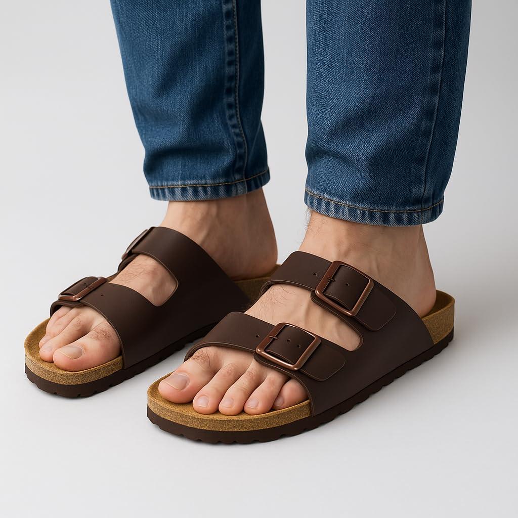 CUSHIONAIRE Lane Cork Footbed Mens Sandals, Adjustable Buckle Comfort Slides for Men, Genuine Leather Insole Summer Sandals Men Footwear - Image 3