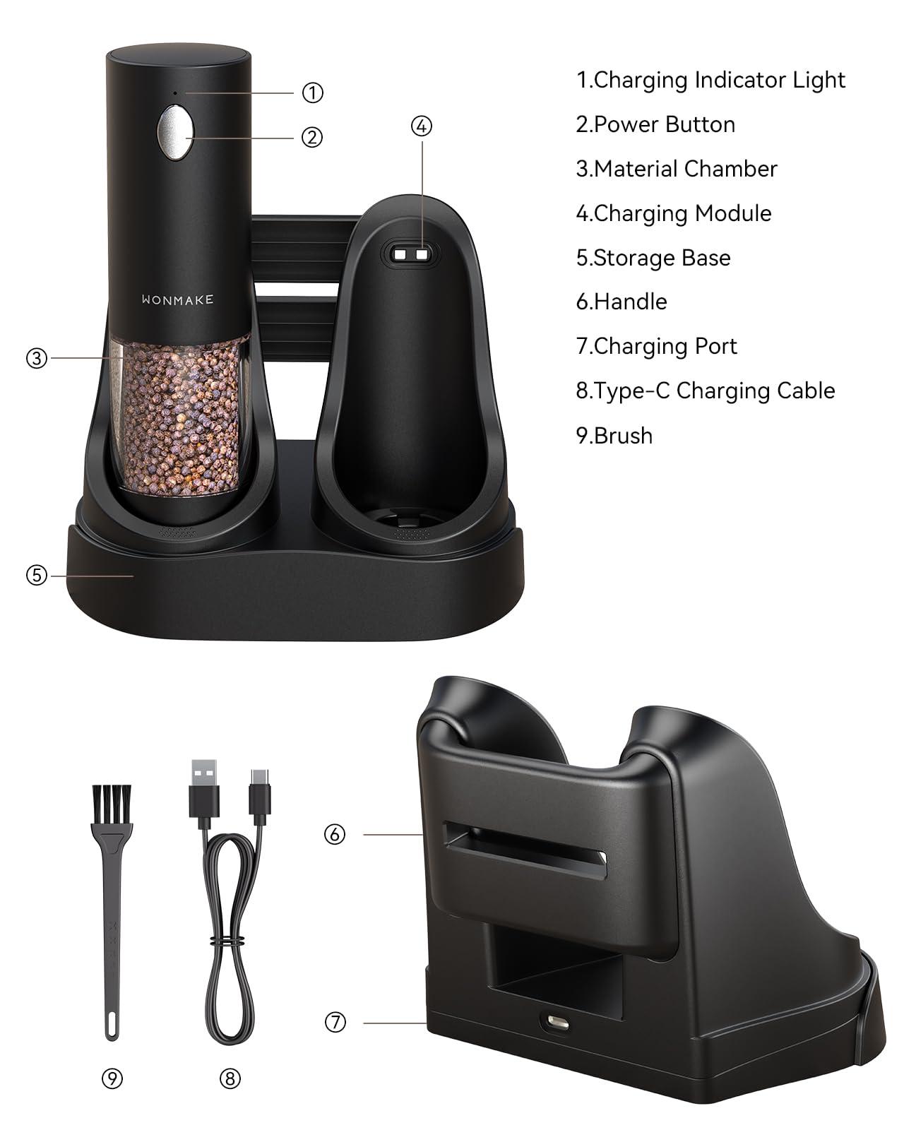 Electric Salt and Pepper Grinder Set - Automatic Refillable Salt and Pepper Grinders with Charging Base & LED Light, Adjustable Coarseness, One-handed Easy Operation, Ideal Kitchen Gadget - Image 3