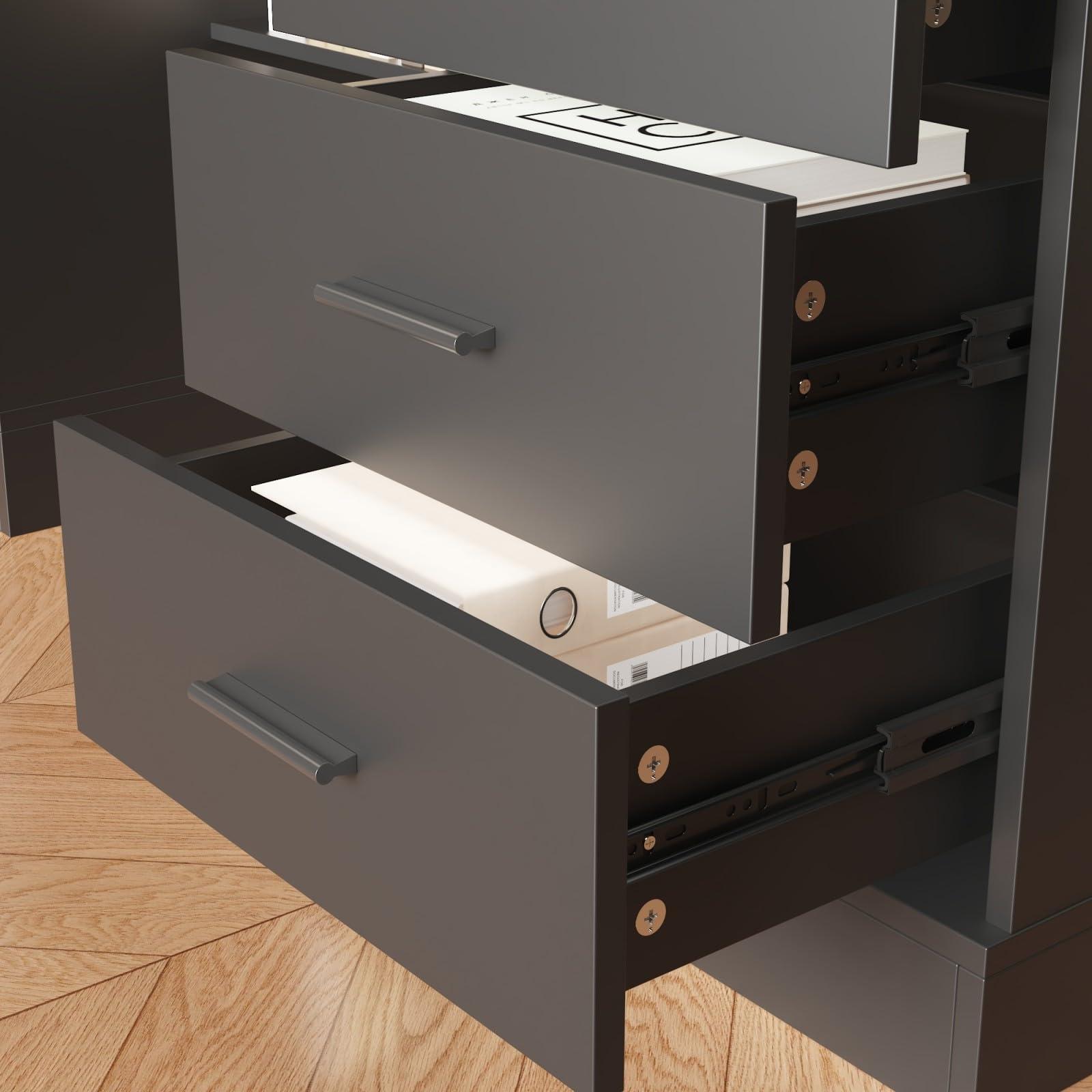 MOUMON Electric Standing Desk with Drawers and Shelves, Executive Adjustable Height Desk, L-Shaped Design, 63 inch Tabletop, for Office Deep Brown and Black (63”W x 63”D x 28.4-45.8”H) - Image 8