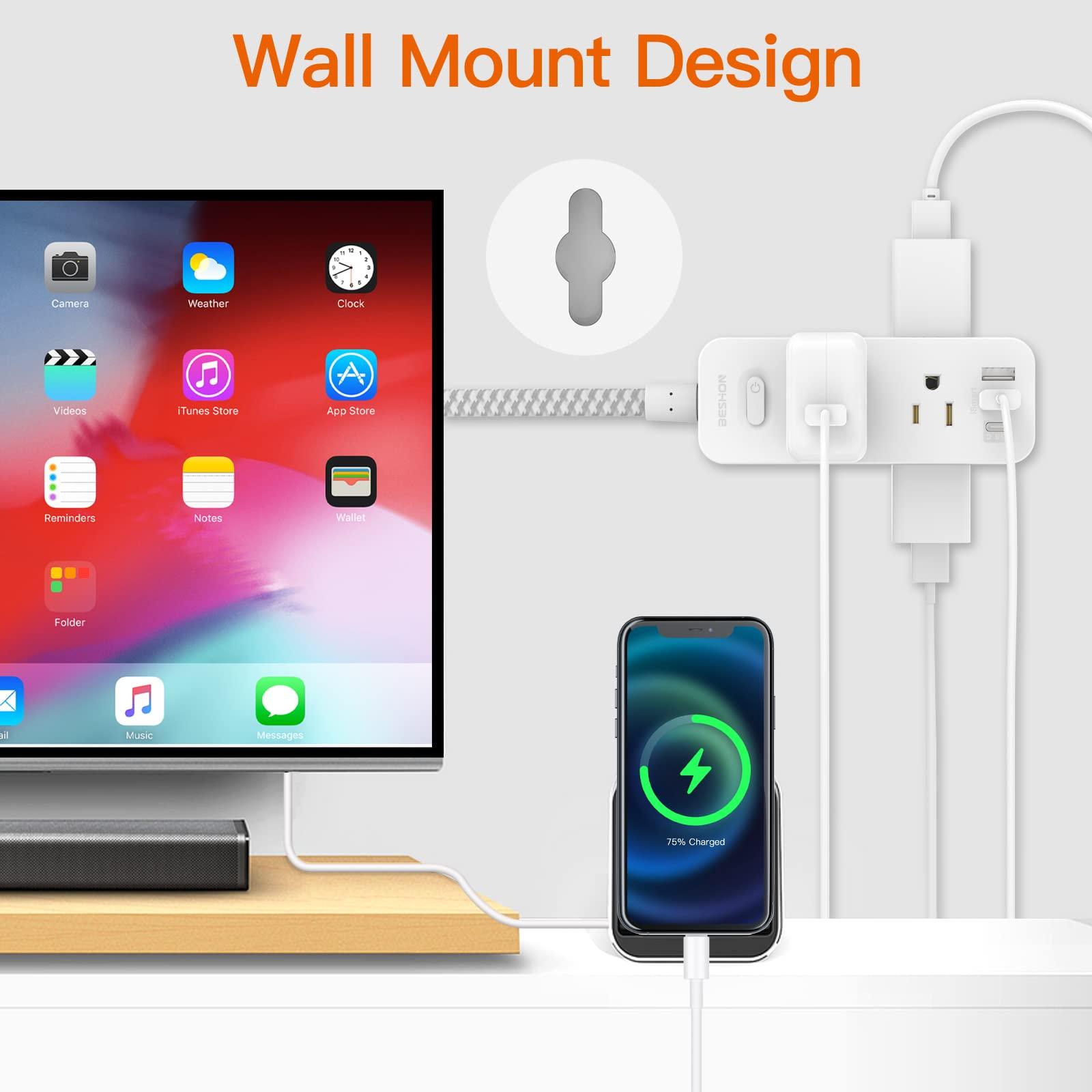 Power Strip Surge Protector, BESHON 5Ft Extension Cord, 6 Outlets with 3 USB Ports(1 USB C Outlet), 3-Side Outlet Extender, Wall Mount, Compact for Travel, Home, School, College Dorm Room and Office - Image 5