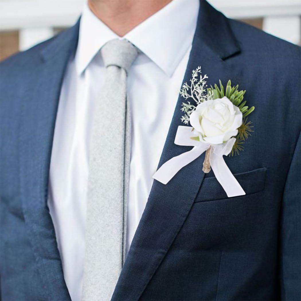 Latious Wedding Rose Boutonniere White Groom Flower Men's Boutineer Prom Buttonholes Party Suit Decor Anniversary Accessories for Bridegroom and Man (A- White) - Image 4