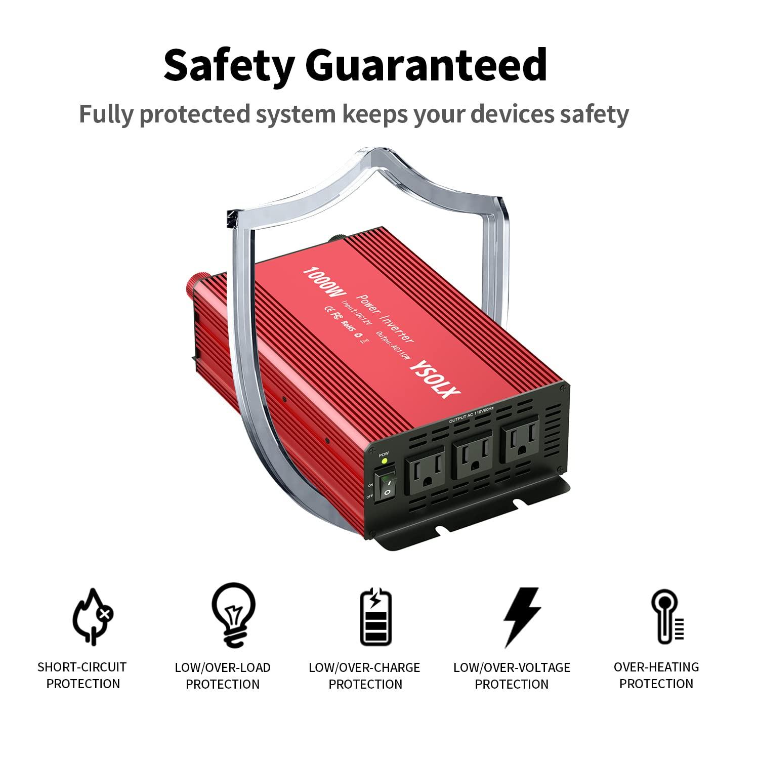 YSOLX 1000W Power Inverter 12v to 110v, DC to AC Converter with 3 AC Outlet, 1000 Watt Inverter for 12v Truck/Rv/Camping/Home/Emergency Power - Image 7