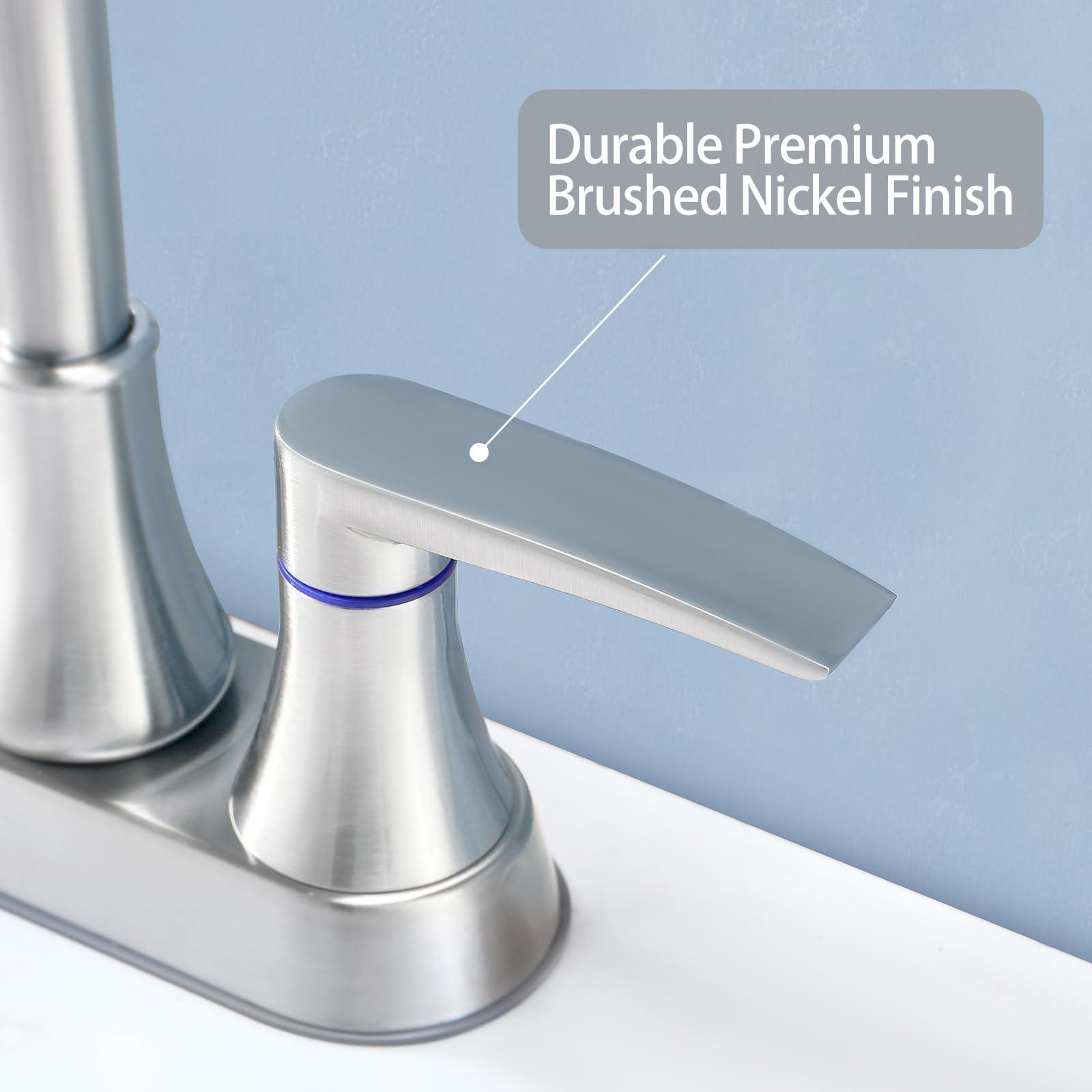VALISY Brushed Nickel Bathroom Faucet, 2-Handle Lead-Free 360° Swivel High-Arc Spout 4 Inch Centerset Bath Lavatory Vanity Sink Faucets Set for Sinks with Drain & Water Hoses, VABM80008L - Image 6