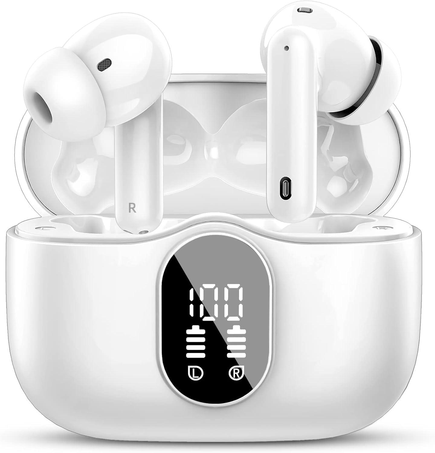 Wireless Earbuds Bluetooth 5.4 Headphones Bass Stereo Ear Buds with Noise Cancelling Mic LED Display in Ear Earphones IP7 Waterproof 36H Playtime for Laptop Pad Phones Sports Workout White