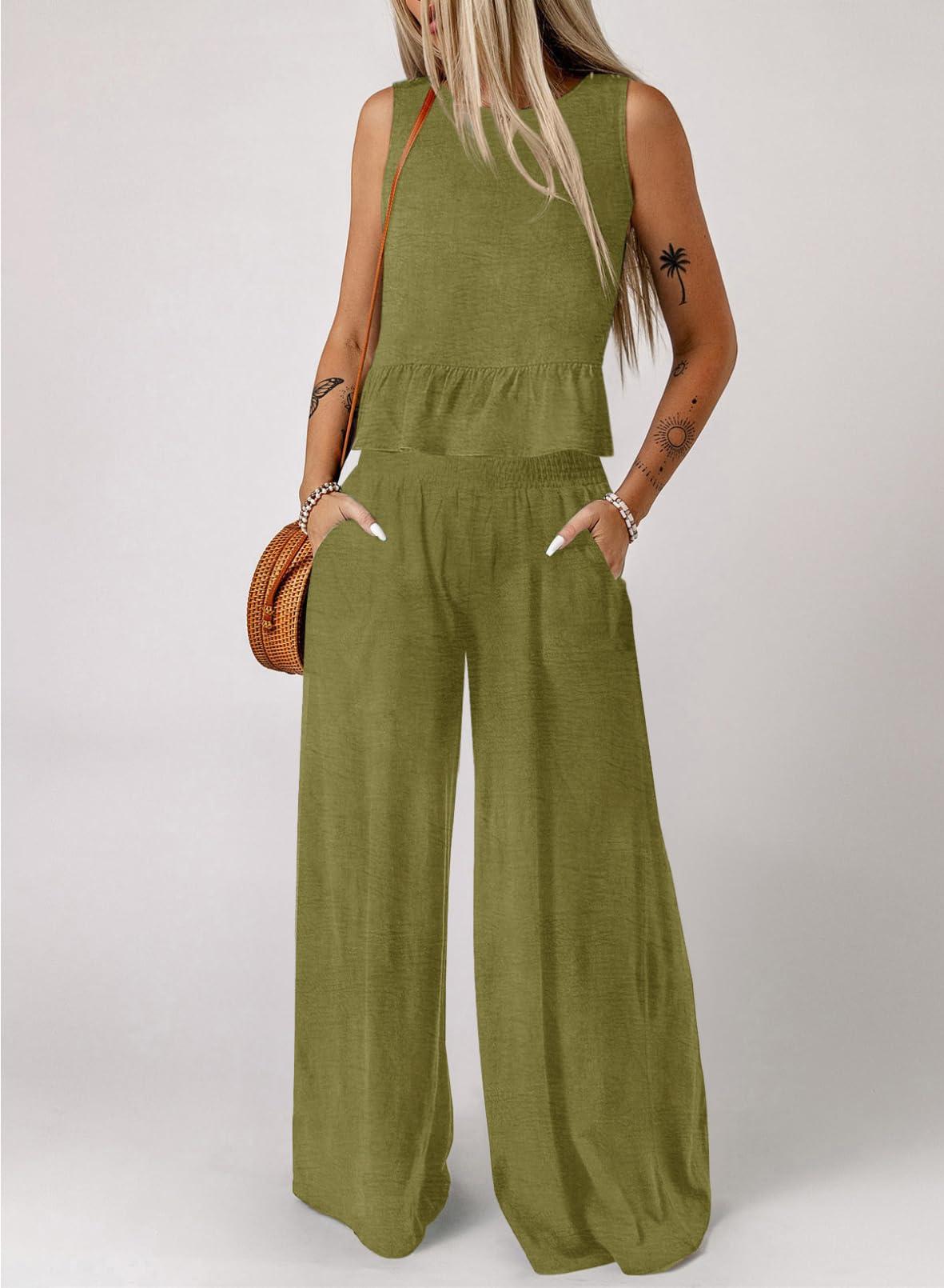 Dokotoo Pants Sets Women 2 Piece Outfits Sleeveless Round Neck Tank Tops Matching Sets for Women Elastic Waist Wide Leg - Image 2