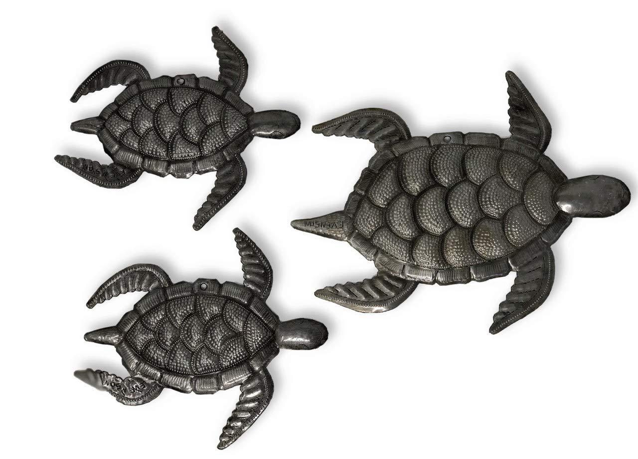 Decorative Sea Turtle Plaques, Set of 3, Swimming Right, Nautical Ocean, Beach, Themed, Metal Wall Art, Recycled Steel Haiti Large Turtle 10 x 8, mini turtles 6.5 x 7 Inches