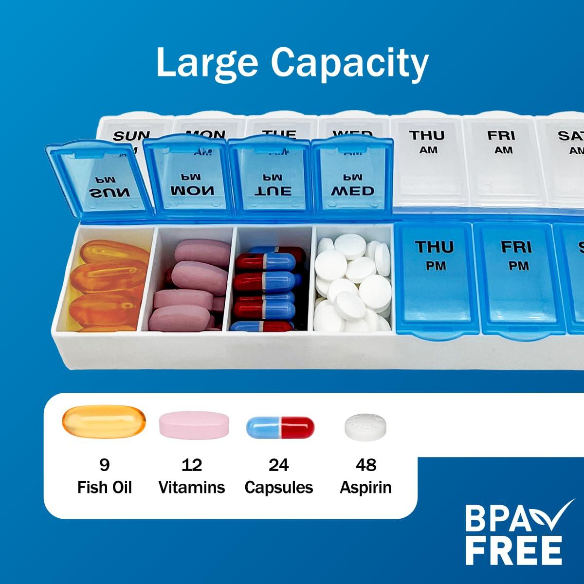 Amazon Basic Care (7-Day) AM/PM Pill Organizer, Vitamin Case, And Medicine Box, Large Compartments, 2 Times a Day, Blue and Clear Lids - Image 3