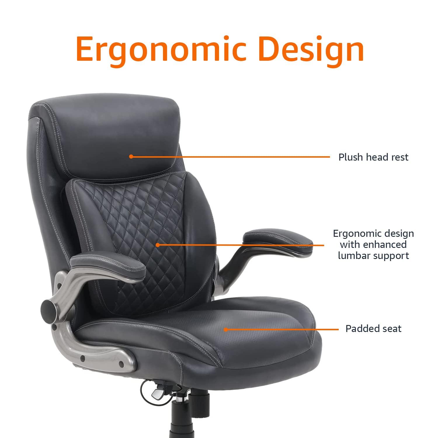 Amazon Basics Ergonomic Executive Office Desk Chair with Lumbar Support, Flip-up Armrests, Adjustable Height, Grey Leather - Image 4