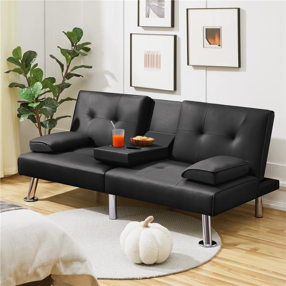 Yaheetech Convertible Sofa Bed Adjustable Couch Sleeper Modern Faux Leather Recliner Reversible Loveseat Folding Daybed Guest Bed, Removable Armrests, Cup Holders, 3 Angles, 772lb Capacity, Black - Image 4