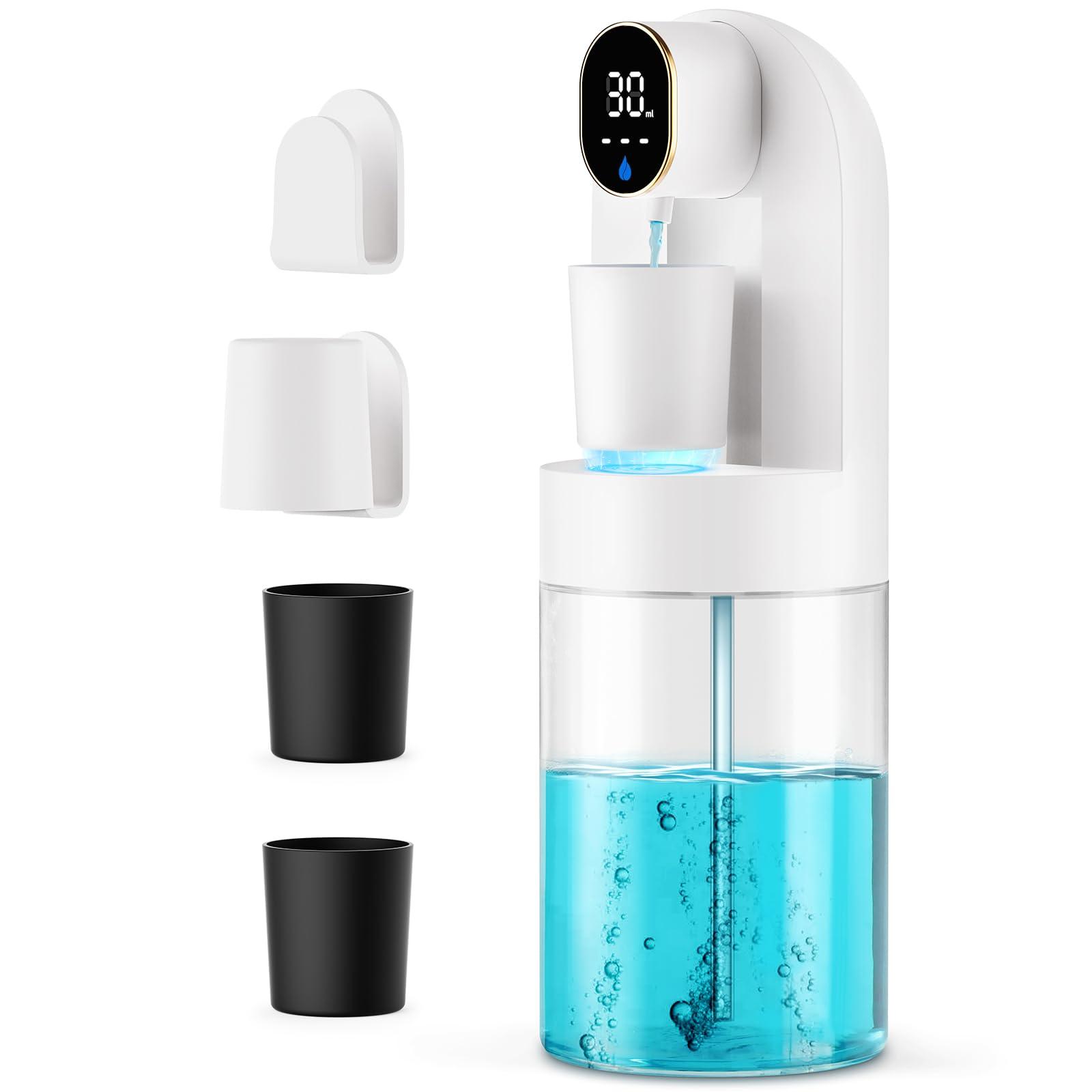 Automatic Mouthwash Dispenser for Bathroom, Bathroom Accessories 21.12 oz(600 ml) Touchless Smart Mouth Wash Dispenser with 4 Magnetic Cups &4 Dispensing Levels, Suitable for All Age Groups(White)