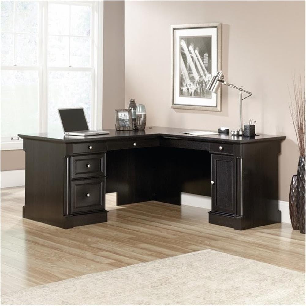 Pemberly Row Contemporary Engineered Wood L-Shaped Computer Desk with 3 Drawers, Flip-Down Panel, Grommet Holes, for Office Space, in Wind Oak Finish - Image 2
