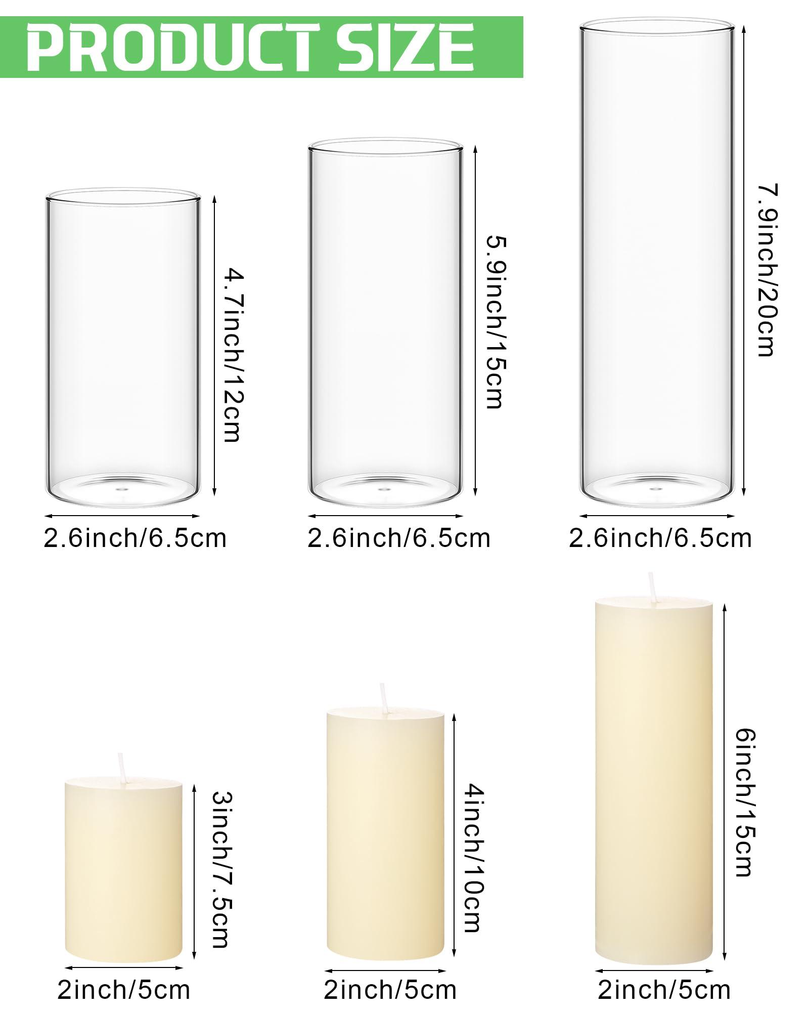Shihanee Set of 12 Pillar Candles and Glass Cylinder Vases Clear Cylinder CandleHolders for Slim Pillar Candles Wedding Centerpieces(2.6''x 4.7'', 5.9'', 7.9'',Ivory White) - Image 2