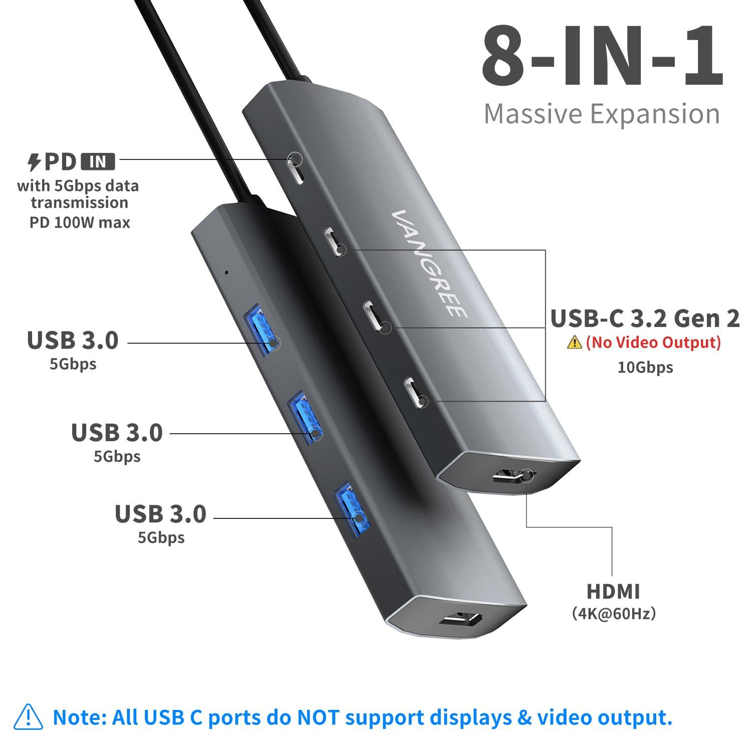 VANGREE USB C Hub, 3 USB 3.2 Gen 2 Ports with 10Gbps, 4K@60Hz HDMI, 100W Power Delivery, 3 USB-A 3.0 Ports, USB C Splitter Multiport Adapter Extender for MacBook Pro/Air, iPad Pro, Mac mini and More - Image 2