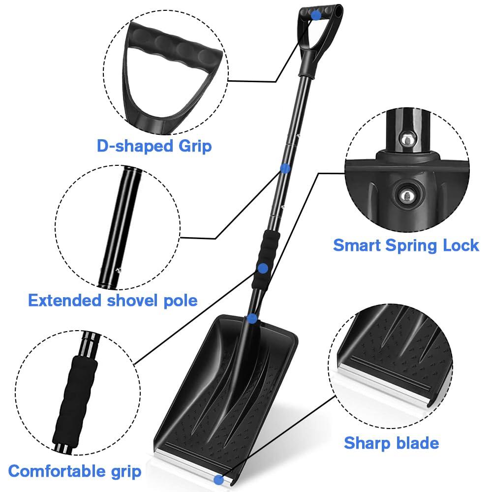 Snow Shovel, Upgrade Emergency Snow Shovel for Driveway with Aluminum Handle Large Capacity Lightweight and Adjustable Portable Survival Shovel for Home, Garden, Camping, Mud and Snowman(Black) - Image 4